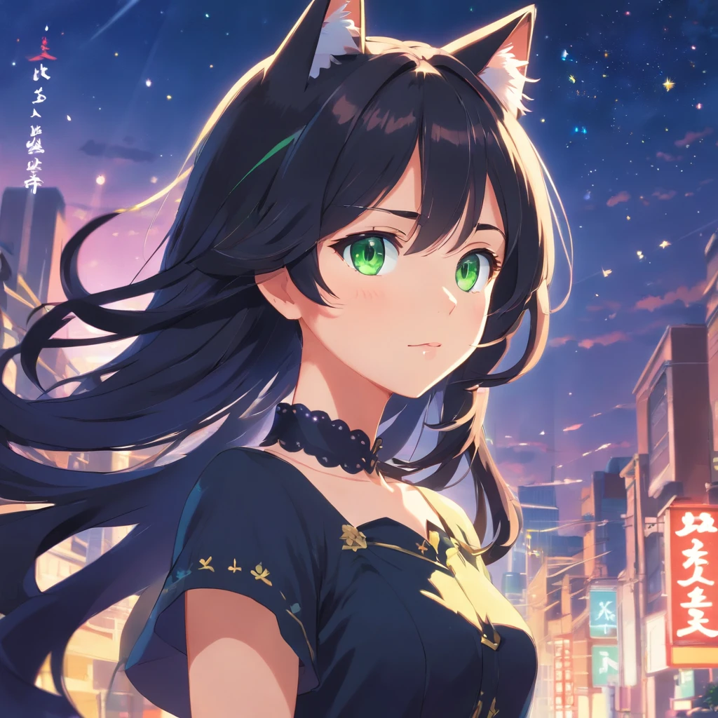 (best quality,ultra-detailed:1.2), green eyes, long black hair, black dress, solo pose, neko style, sparkling background, dreamy lighting, vibrant colors, soft pastel tones, has cat ears, wearing collar with bell on it