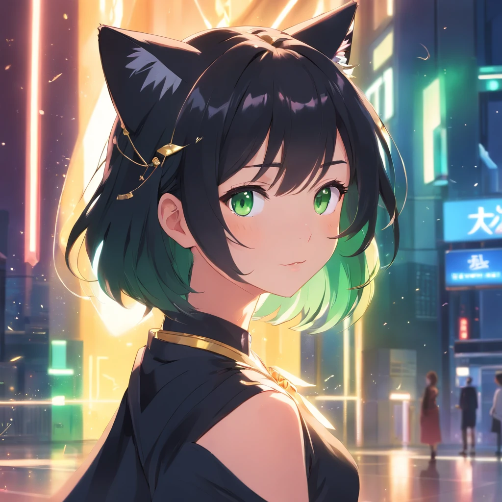 (best quality,ultra-detailed:1.2), green eyes, long black hair, black dress, solo pose, neko style, sparkling background, dreamy lighting, vibrant colors, soft pastel tones, has cat ears, wearing collar with bell on it