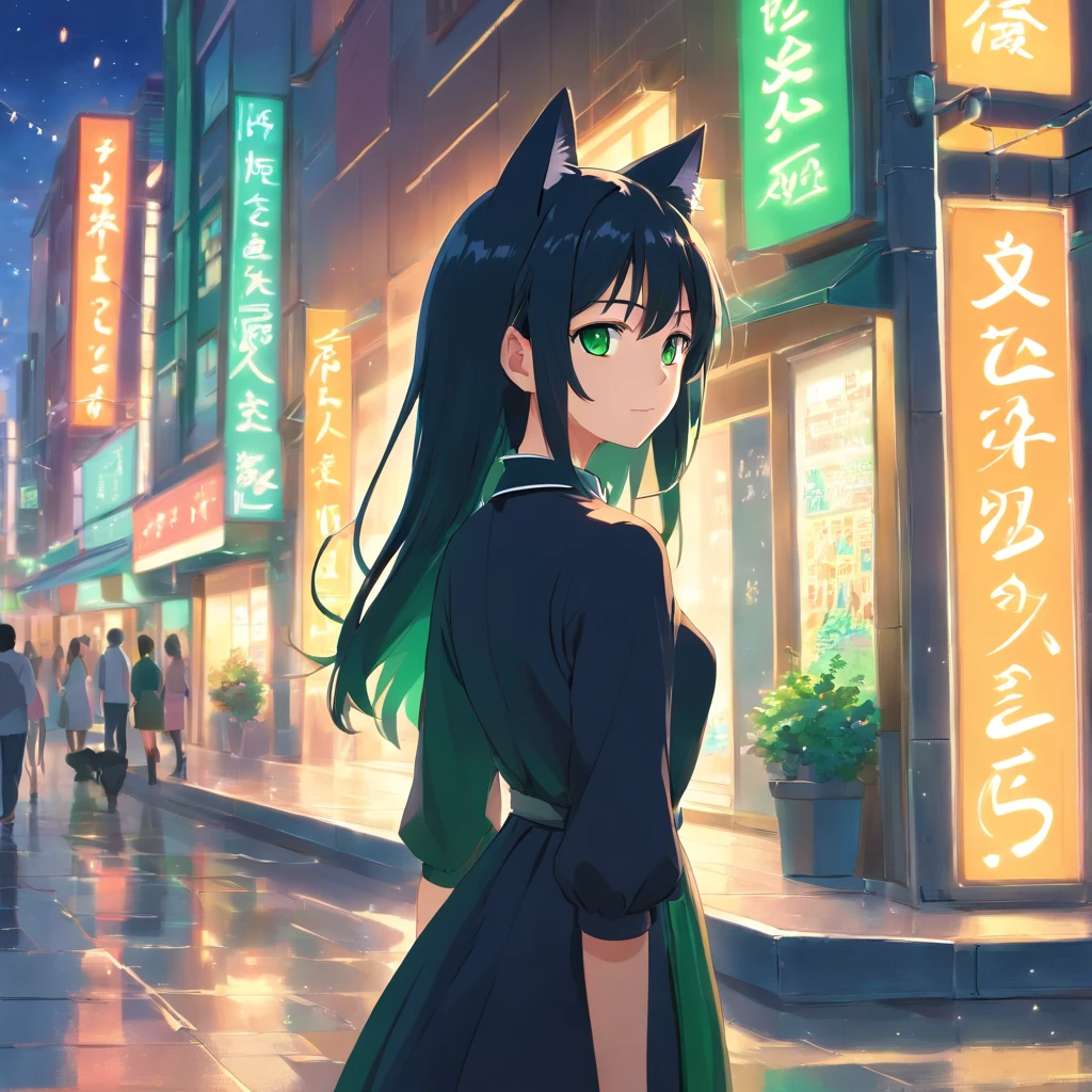 (best quality,ultra-detailed:1.2), green eyes, long black hair, black dress, solo pose, neko style, sparkling background, dreamy lighting, vibrant colors, soft pastel tones, has cat ears, wearing collar with bell on it