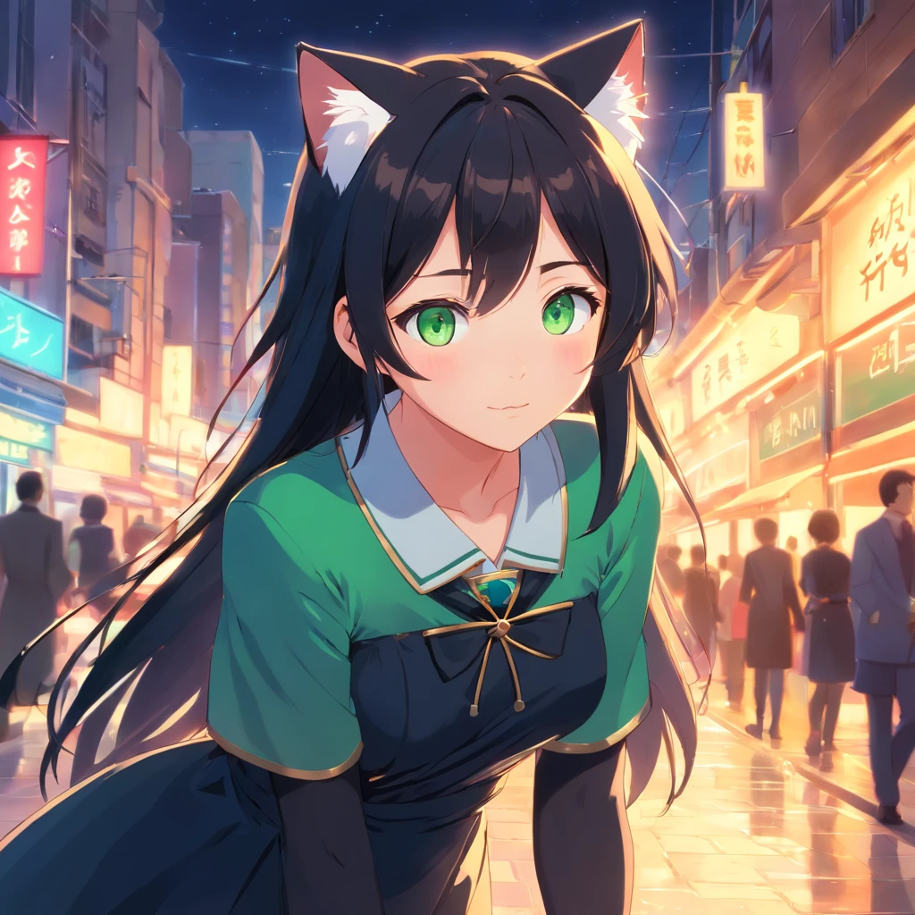 (best quality,ultra-detailed:1.2), green eyes, long black hair, black dress, solo pose, neko style, sparkling background, dreamy lighting, vibrant colors, soft pastel tones, has cat ears, wearing collar with bell on it