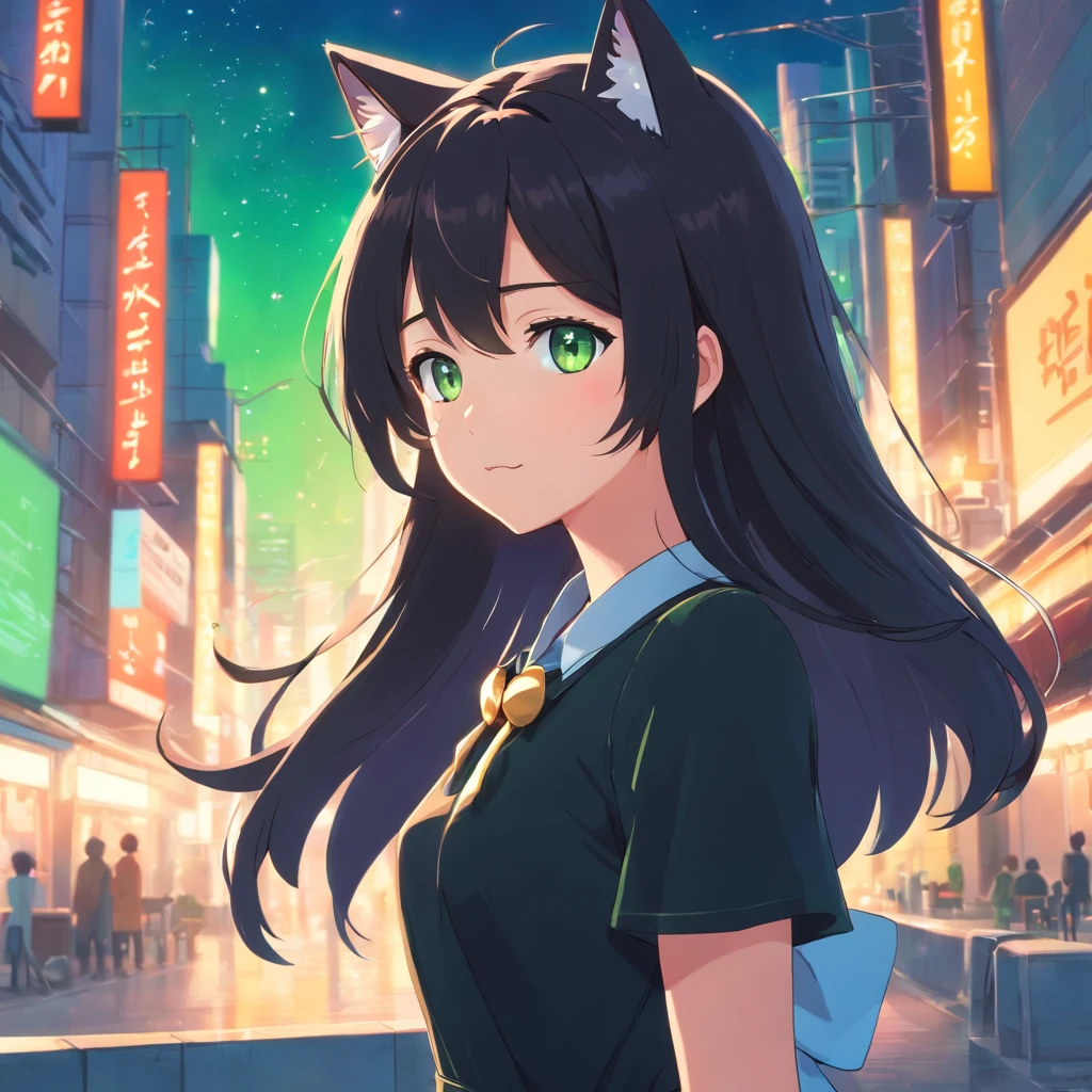 (best quality,ultra-detailed:1.2), green eyes, long black hair, black dress, solo pose, neko style, sparkling background, dreamy lighting, vibrant colors, soft pastel tones, has cat ears, wearing collar with bell on it