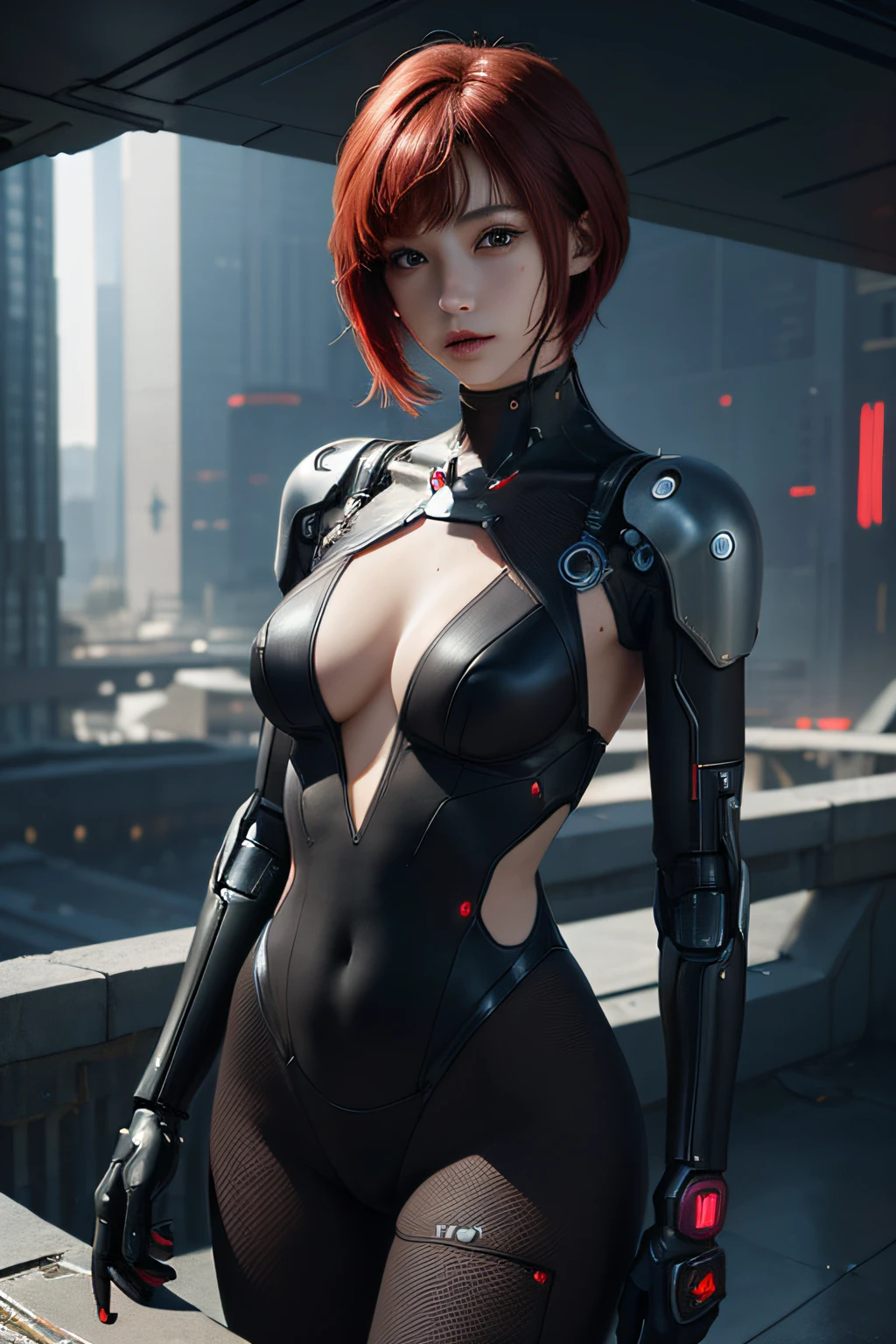 Realistic quality art, Beautiful woman, Half human, half robot, landscape, Cyberpunk, Short red hair, Bangs, So gorgeous, Bodysuit with lace,