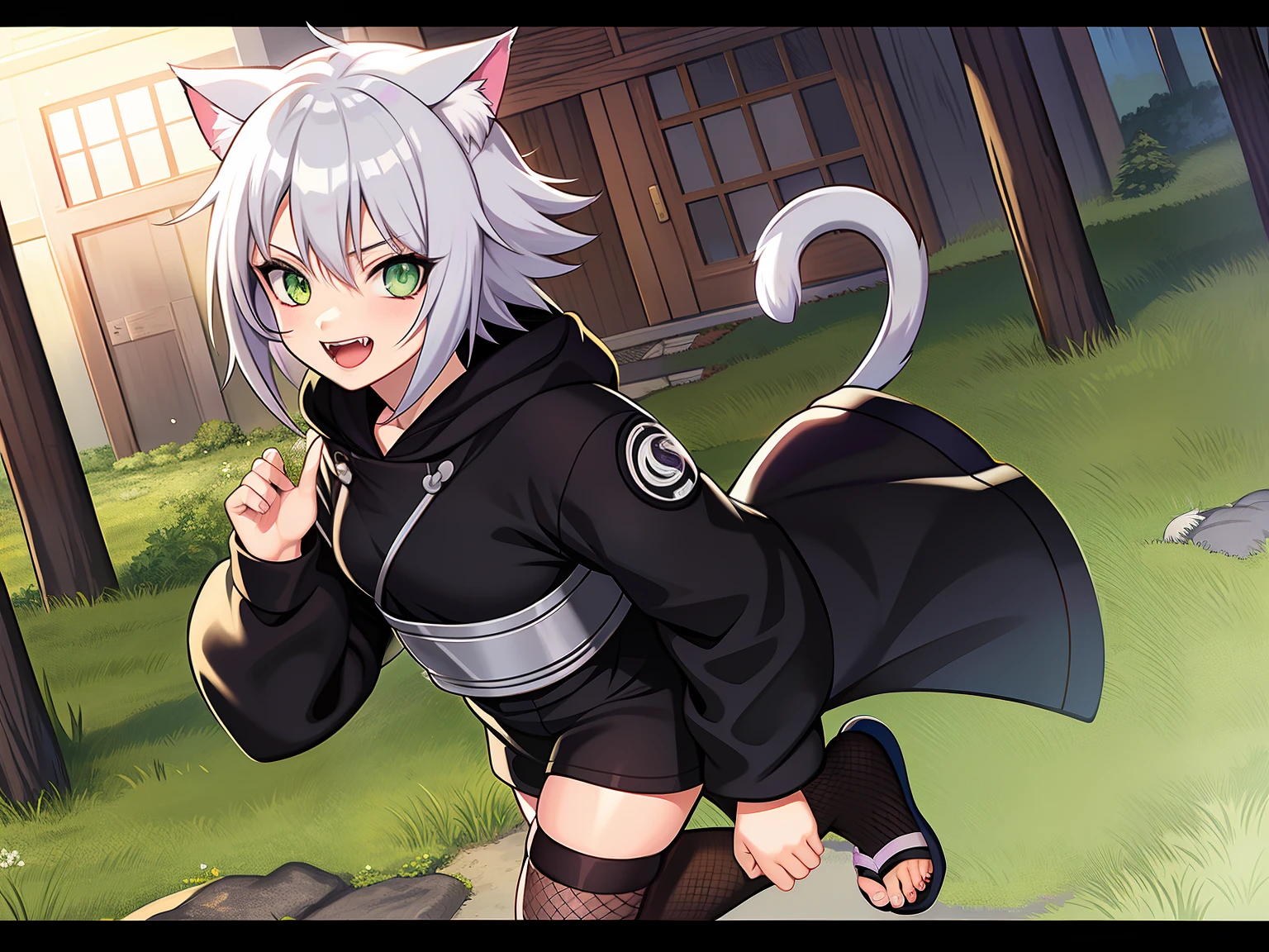 SFW, ultra 4k hd, absurdres, anime, naruto, white hair, lavender hair, gray hair, silver hair, neko, green eyes, ninja, short hair, chubby, medium breasts, messy hair, gray hair, cat ears, catgirl, nekomimi, cat tail, forehead protector, kunoichi, hair between eyes, silver hair, anime style, fullbody, eye scar, fangs, 1girl, naruto shippuden, solo, baggy clothes, alone, forest, village, akatsuki, leaf village, konoha, 1fang, cloak, fishnets, v bangs, bangs, fluffy, dark clothes, purple clothes, clothing design, ninja fashion, light eyes, scar over eye, light green eyes, scars, hood, hood down, hood off