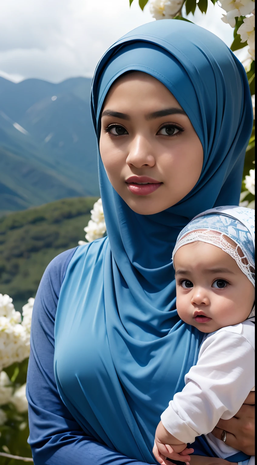 RAW, Best quality, high resolution, masterpiece: 1.3), beautiful Malay woman in hijab (iu:0.8)1 Girl,big breat, Beautiful malay in hijap, malay  Face, 23 Years Old, White Skin, Hijab Muslim Outfit, Top of The Mountain Background, ((wind:1.3)), Kissing, ((bokeh:1.3)), Carrying Babyl, Perfect Body Anatomy, ((adorable:1.1)), ((masterpiece:1.1)), ((bluesky:1.1))