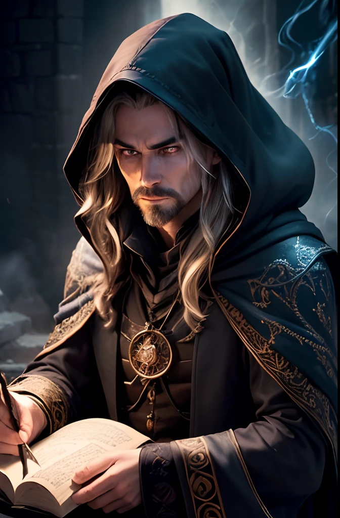 (best quality,ultra-detailed,realistic:1.37),dark wizard magician, detailed face and outfit, mysterious atmosphere, magical spells, enchanted wand, ancient book, glowing runes, swirling mist, intense eyes, flowing cloak, magical elements, magical artifacts, mystical staff, eerie lighting, bewitching expression, magical incantation, mystical aura, enchanting background, vivid colors