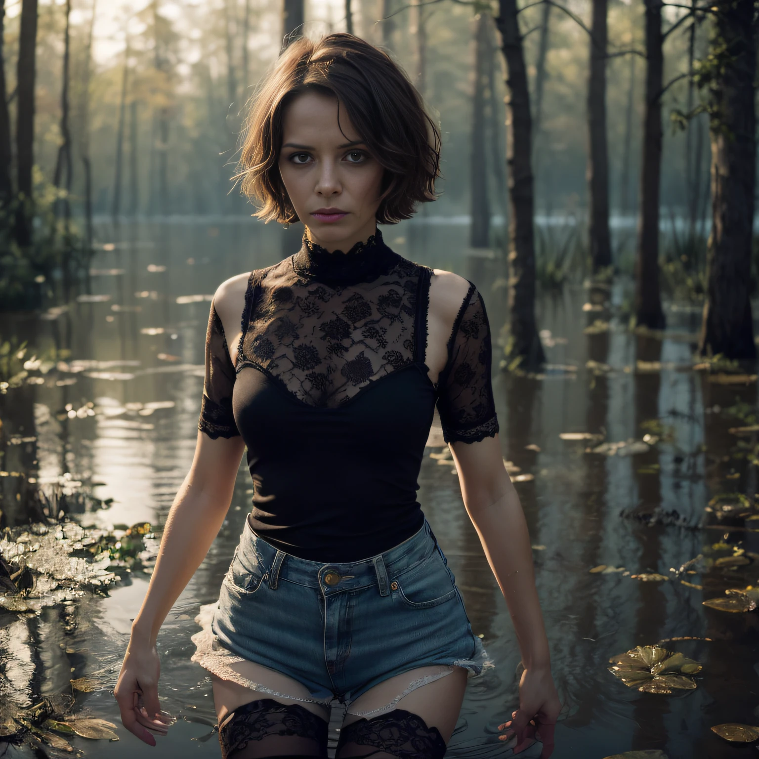 (Best Quality,hight resolution:1.2),Mature Terrorized Woman, (no panties: 1.5), nude waist down, no underwear, only shirt, wrinkles,Bob haircut,,lace blouse,(lace stockings with garters), standing, ( drowning in a swamp:1.2),expression of despair,Dark and moody lighting, terror. The pose expresses a somber ecstasy