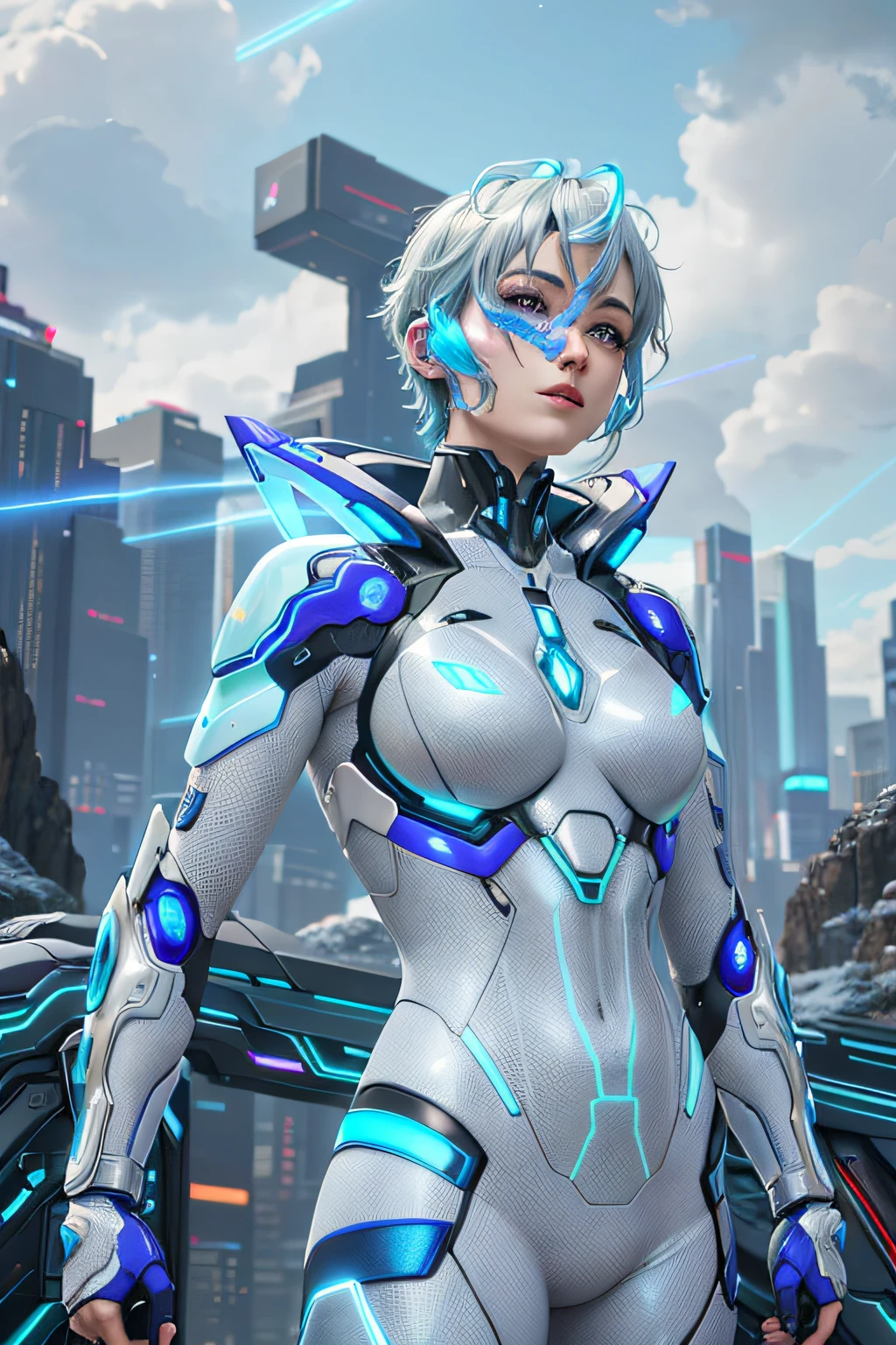 there is a man in a body suit with a blue and green design, holographic suit, with glowing runes on the body, cyber suit, blue face unreal engine, tokusatsu suit vaporwave, sci-fi skin, styled like ghost in the shell, reflective suit, unreal engine : : rave makeup, sliver ice color reflected armor