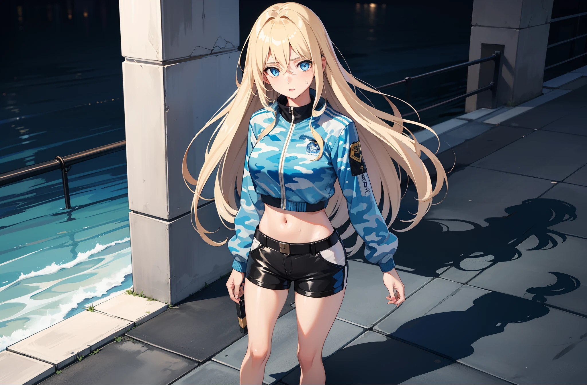 1 girl, mature girl, masterpiece, best quality, detailed eyes, sparkling eyes, shiny skin, shiny hair, blue eyes, light blonde hair, tall, long hair, straight hair, full body, best quality, shiny skin, shiny hair, sweaty, shorts, blue camouflage jacket, midriff, standing, blue sky,