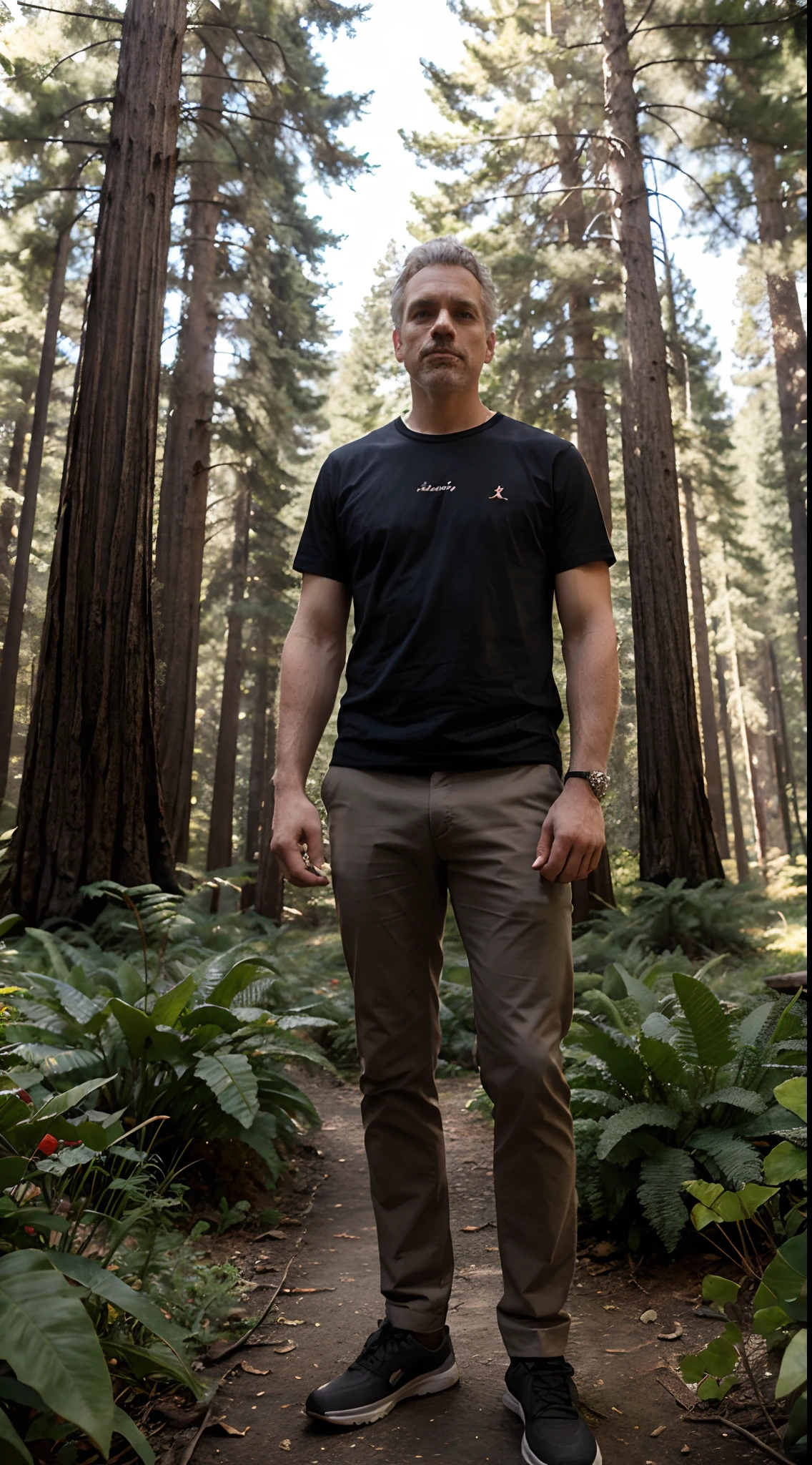 Jordan Peterson holding a large poster in front of him while he is standing in the middle of a redwood forest