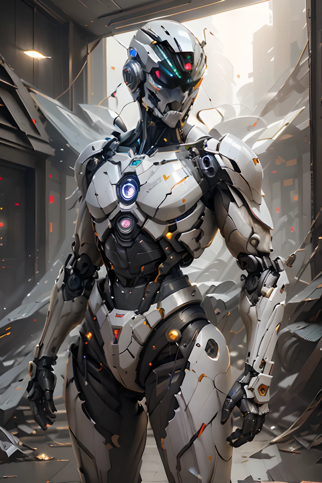 (HD quality, 8K), (Clear, high-quality rendering), (Weapons of the future). Anthropomorphic character - Cyborg, Ghost in the Shell. Dark Mechanoid, cybernetic robot machine. (Urban interior)., Cyborg, android, metal, plastic, wires, technological equipment. Heavy weapons on hands, turbines, nozzles, wings, powerful torso. Hard metal, very high cybernetic gothic, weapons, mechanisms, combat robots, equipment, and wires curl to the floor. Military robot. cyberpunk, modern. White and black plastic, aluminum, polished artificial stone, 3D architectural printing. White and black with gold. The stage is in twilight. The central part is well lit from above, (Cyberpunk, futurism), "Ghost in the Shell" Japanese anime.
Interior lighting, warm light - cold shadows, matrix geometry, alien highly developed civilization. Warm bright - contrasting light, light cold shadows, clear image of details, texture, decor (high image quality), (unreal engine). Stylization Animation, Japanese cyberpunk anime, Blade Runner. Sh.R. Giger "Alien".