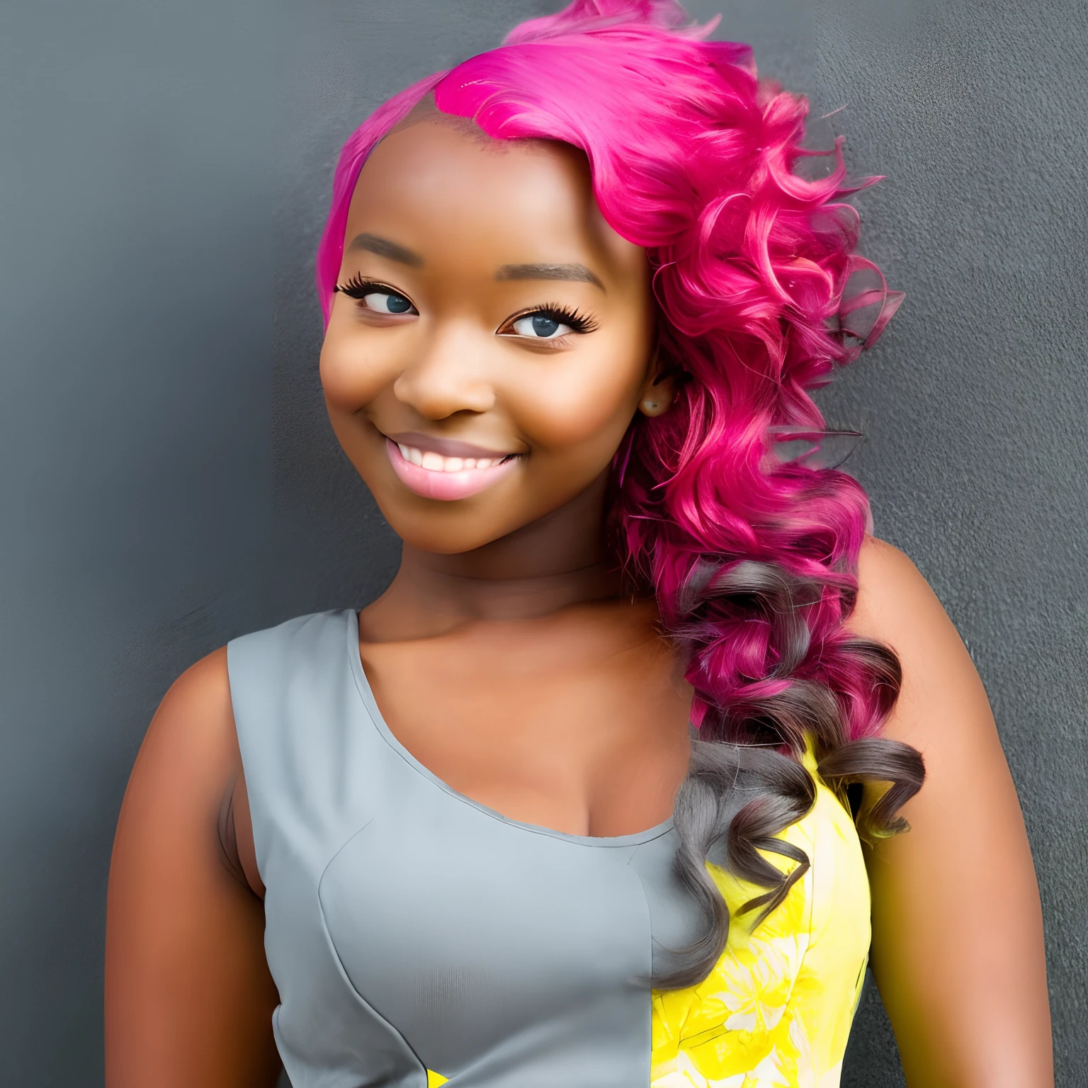Curvy dark skin girl with pink hair, grey eyes, heart shaped pupils and a cute poofy pink and yellow dress