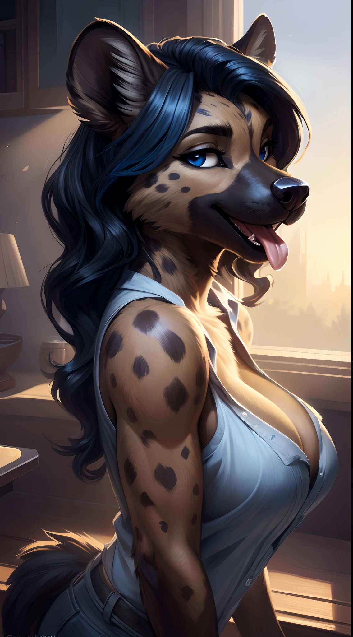 Draft Sketch (sfw)))), uploaded the e621, beautiful and detailed,woman (((female))) ((anthro)) hyena, Ross Tran, by ruan jia, by zaush, by foxovh, lighting cinematic, seductor, hyena, thighighs, (huge chest) foxovh 1girls ai_generated bare_shoulders big_breasts blue_eyes boob_window Black hair with blue highlights cleavage cleavage_cutout female female_only huge_breasts looking_at_viewer mole_on_breast ponytail uploaded on e621, by Pixelsketcher, solo anthro, ((face portrait)), BREAK, ((mouth open tongue out)), ((wear unbuttoned shirt)), (detailed Bonifasko lighting), (detailed fur), (detailed skin), BREAK, ((mouth open tongue out)), ((wear unbuttoned shirt)), ((wavy hair)), ((facing viewer )), (cinematic lighting), ((detailed background)), ((face view)), (((portrait view))), (half shadow), [backlighting], [crepuscular ray], [detailed ambient light], [gray natural lighting], [ambient light], (higher wildlife feral detail), [explict content], [sharp focus], (questionable content), (shaded), ((masterpiece), wavy hair, big hips, medium featureless breasts, breasts, furry hyena, hyena face, Furry Fantasy Art, Anthro Art, Commission for High Res, Furry Art, furry Art,Sakimichan beautiful, masterpiece, medium featureless breasts, best quality, detailed image, bright colors, detailed face, perfect lighting, perfect shadows, perfect eyes, girl focus, hyena eyes, flawless face, big featureless breasts, gorgeous, shiny face, face focus, hyena ears, hyena girl, fluffy, fluffy woman, face fur, animal nose, muzzle, two-tone fur, gaze at the viewer, half-closed eyes, 1girl, solo, full face only, (masterpiece), (best quality), (illustration), (cinematic lighting), wavy hair, detailed fur, balanced coloring, global illumination, ray tracing, good lighting, hyena, furry, anthro, showing featureless breasts, cleavage, attractive face, sexy face, looking at viewer, seductive look, SFW