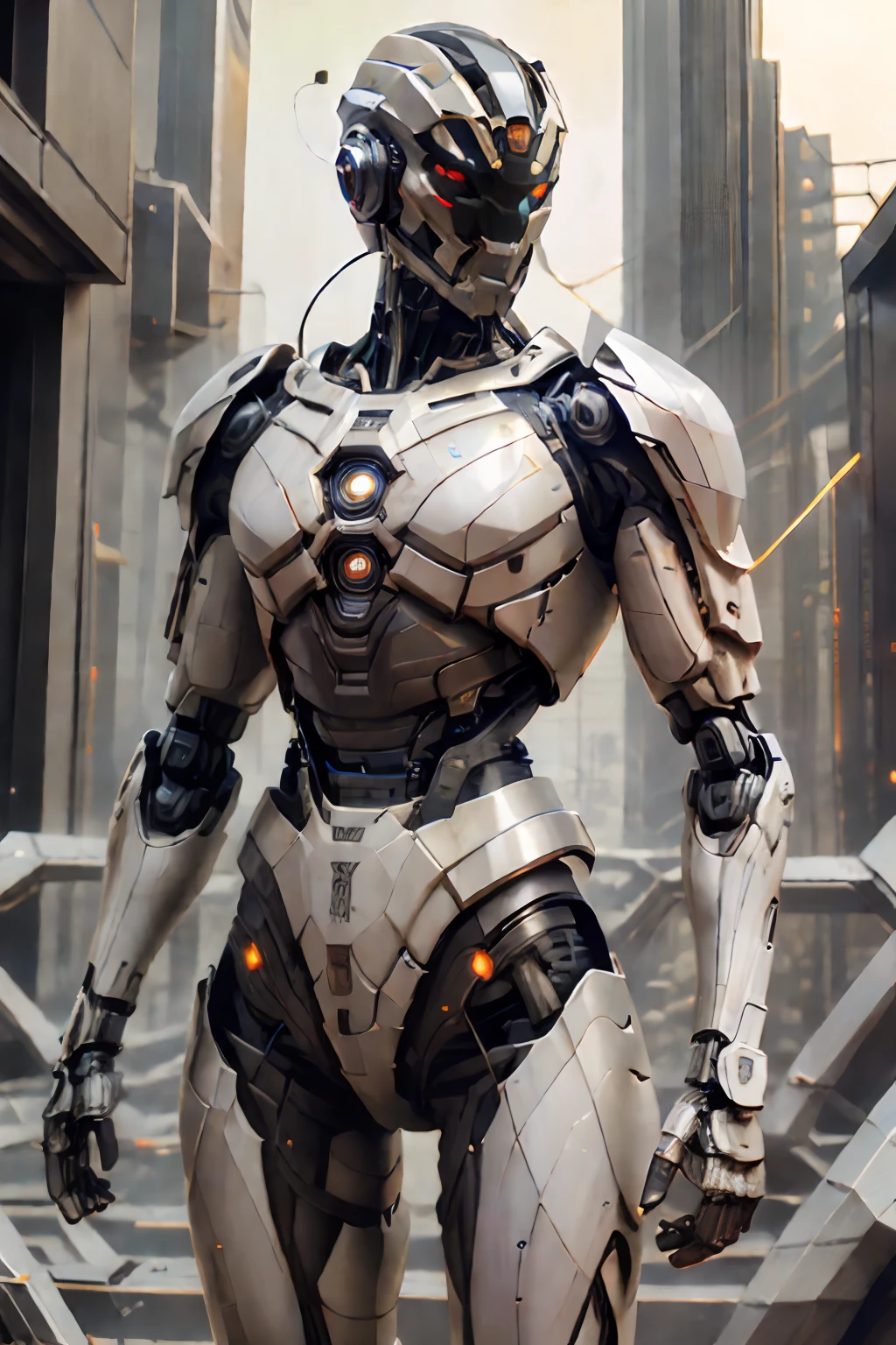 (HD quality, 8K), (Clear, high-quality rendering), (Weapons of the future). Anthropomorphic character - Cyborg, Ghost in the Shell. Dark Mechanoid, cybernetic robot machine. (Urban interior)., Cyborg, android, metal, plastic, wires, technological equipment. Heavy weapons on hands, turbines, nozzles, wings, powerful torso. Hard metal, very high cybernetic gothic, weapons, mechanisms, combat robots, equipment, and wires curl to the floor. Military robot. cyberpunk, modern. White and black plastic, aluminum, polished artificial stone, 3D architectural printing. White and black with gold. The stage is in twilight. The central part is well lit from above, (Cyberpunk, futurism), "Ghost in the Shell" Japanese anime.
Interior lighting, warm light - cold shadows, matrix geometry, alien highly developed civilization. Warm bright - contrasting light, light cold shadows, clear image of details, texture, decor (high image quality), (unreal engine). Stylization Animation, Japanese cyberpunk anime, Blade Runner. Sh.R. Giger "Alien".