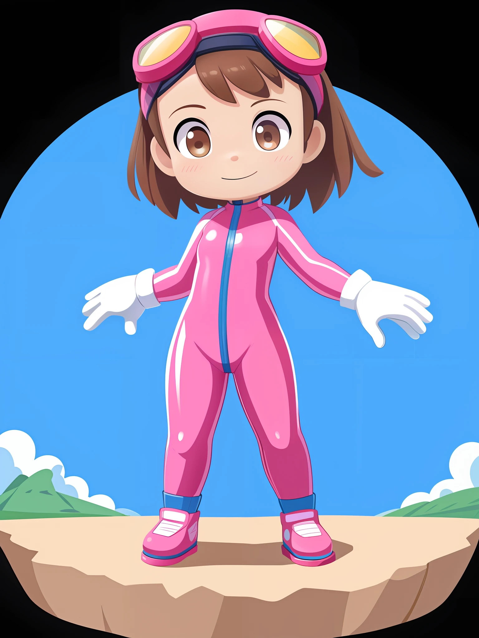 back image, a single 5 year old girl on her back looking at an island on the horizon, alone, standing, with brown hair, arms apart, legs apart, pink wetsuit, white gloves, pink shoes, goggles, diving shoes, illustration childish 2D style.