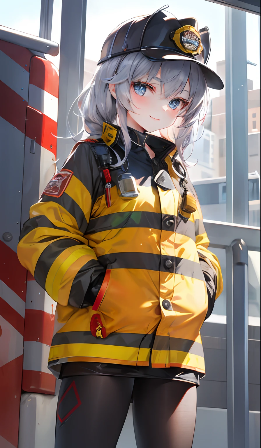 firefighter, Realistic, 4K picture quality, Cinematic,{ girl}, silber hair,Nervous girl, Cute, Charismatic,Active