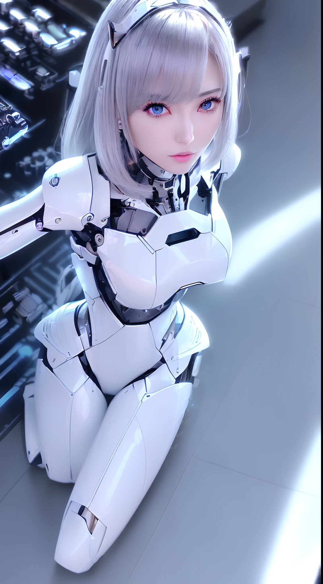 (8K, highest quality, masterpiece:1.2),High resolution,masterpiece,ultra detail,alone,1of girl,(white color of background:1.5),(Delicate eye),((whitehair)), short_hair, starry_null, alone, night_null, red_eye, silver latex bodysuit, pilot_suit, fronthair, light_particle, ((triangular psychosensory apparatus on both sides of the head)), taut_clothes, medium-breasted, bokeh, mechanical-like clothing, Small logo pattern on chest zero, Vaginal Foreign Object Insertion, Very cute human 8 girl face,