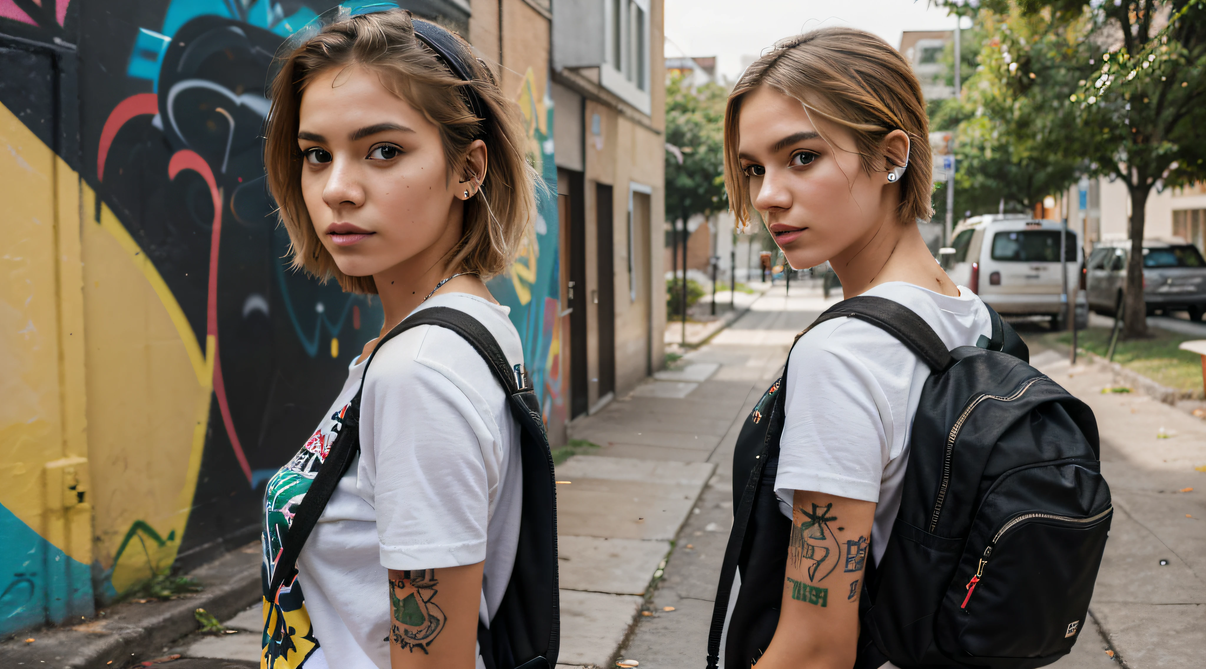 Generate an image of a Brazilian female student in a university setting. She is tall, slender, and has short blonde hair. Her eyes are light brown and express determination. She wears a colorful and abstract T-shirt that matches her vibrant personality and carries a colorful backpack with punk-style details on her back. She has a visible tattoo, adding an artistic and rebellious touch to her look. She wears a modern headset, and in the surrounding landscape, there are graffiti and urban paintings, creating a creative and eclectic atmosphere on the university campus
