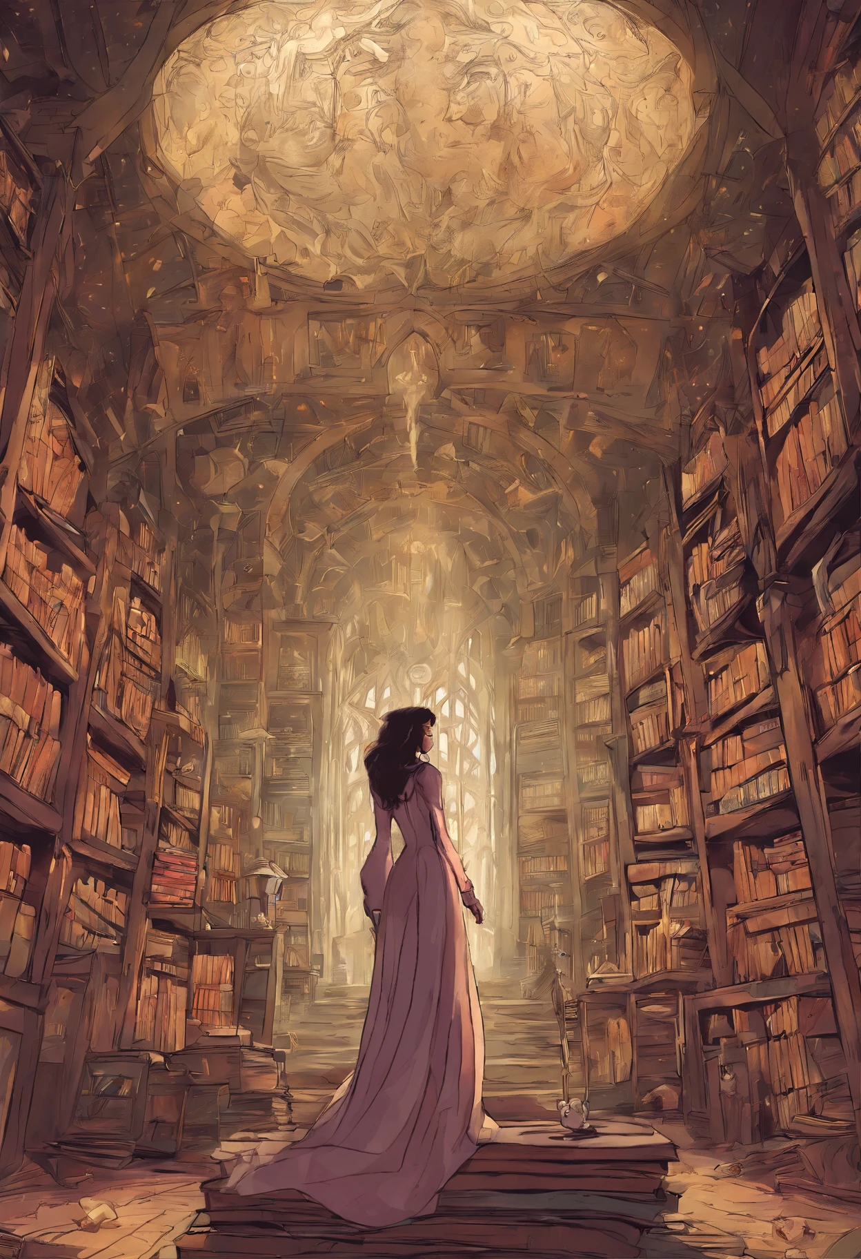 （Inside Enchanted Magical Library, A beautiful librarian, sexy, mysterious, woman, Very beautiful, perfect face, perfect eyes, looking at the camera—a figure draped in an enigmatic cloak,Large beautiful Librarian,  with shimmering, glowing books, Magical, sparkling walls，fantasy，Leonora Carrington，a fantasy moonlight filtering through，Rich in color，assignment，light and shadow effect，k hd，tmasterpiece，Detailed details，depth of fields