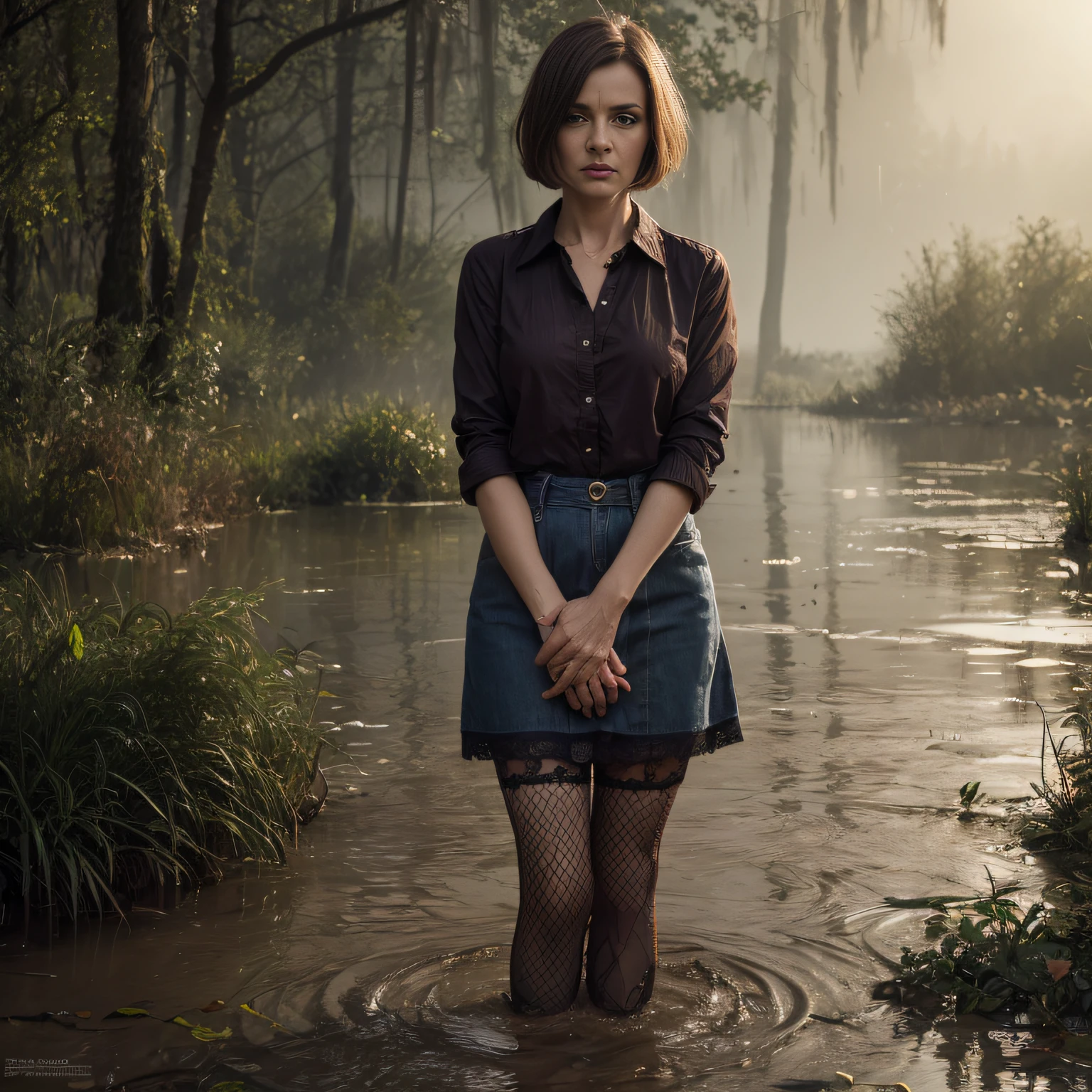 "(Best Quality,hight resolution:1.2),Mature Used Woman Sold,Expressive wrinkles,Bob haircut,jeans skirt,lace blouse,(lace stockings with garters), standingn, ( drowning in a swamp:1.2),long eyelashes,expression of despair,Dark and moody lighting, terror. The pose expresses panic and awkwardness"