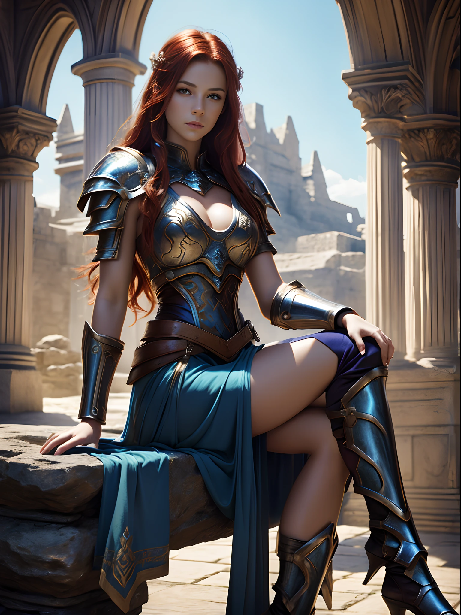 realistic photo scene 8k UHD ((ultra detailed masterpiece)), beautiful red haired and blue eyed woman in a dress sitting on a stone wall with a spartan shield, detailed fantasy art, Stunning fantasy art, fantasy woman, Beautiful fantasy art, Amazing fantasy art, A beautiful fantasy empress, High quality fantasy art, HD fantasy art, Epic fantasy character art, Artgerm and WLOP, Fantasy female paladin, A beautiful female warrior