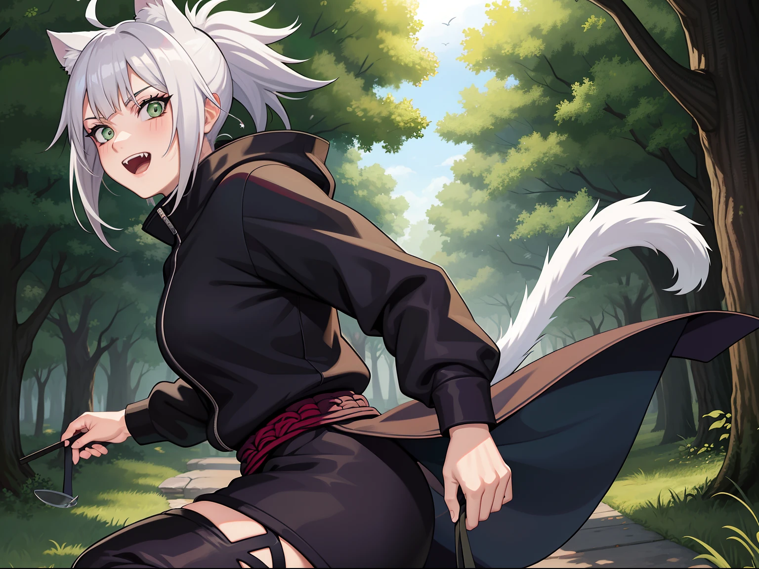 SFW, ultra 4k hd, absurdres, anime, naruto, white hair, lavender hair, gray hair, silver hair, neko, green eyes, ninja, short hair, chubby, medium breasts, messy hair, gray hair, cat ears, catgirl, nekomimi, cat tail, forehead protector, kunoichi, hair between eyes, silver hair, anime style, fullbody, eye scar, fangs, 1girl, naruto shippuden, solo, baggy clothes, alone, forest, village, akatsuki, leaf village, konoha, 1fang, cloak, fishnets, v bangs, bangs, fluffy, dark clothes, purple clothes, clothing design, ninja fashion, light eyes, scar over eye, light green eyes, scars, hood, hood down, hood off, ((best quality:1), (masterpiece:1), (ultra-detailed:1):1.3), cinematic lighting, detailed background, detailed, absurd detail, ahoge, short ponytail, samurai ponytail