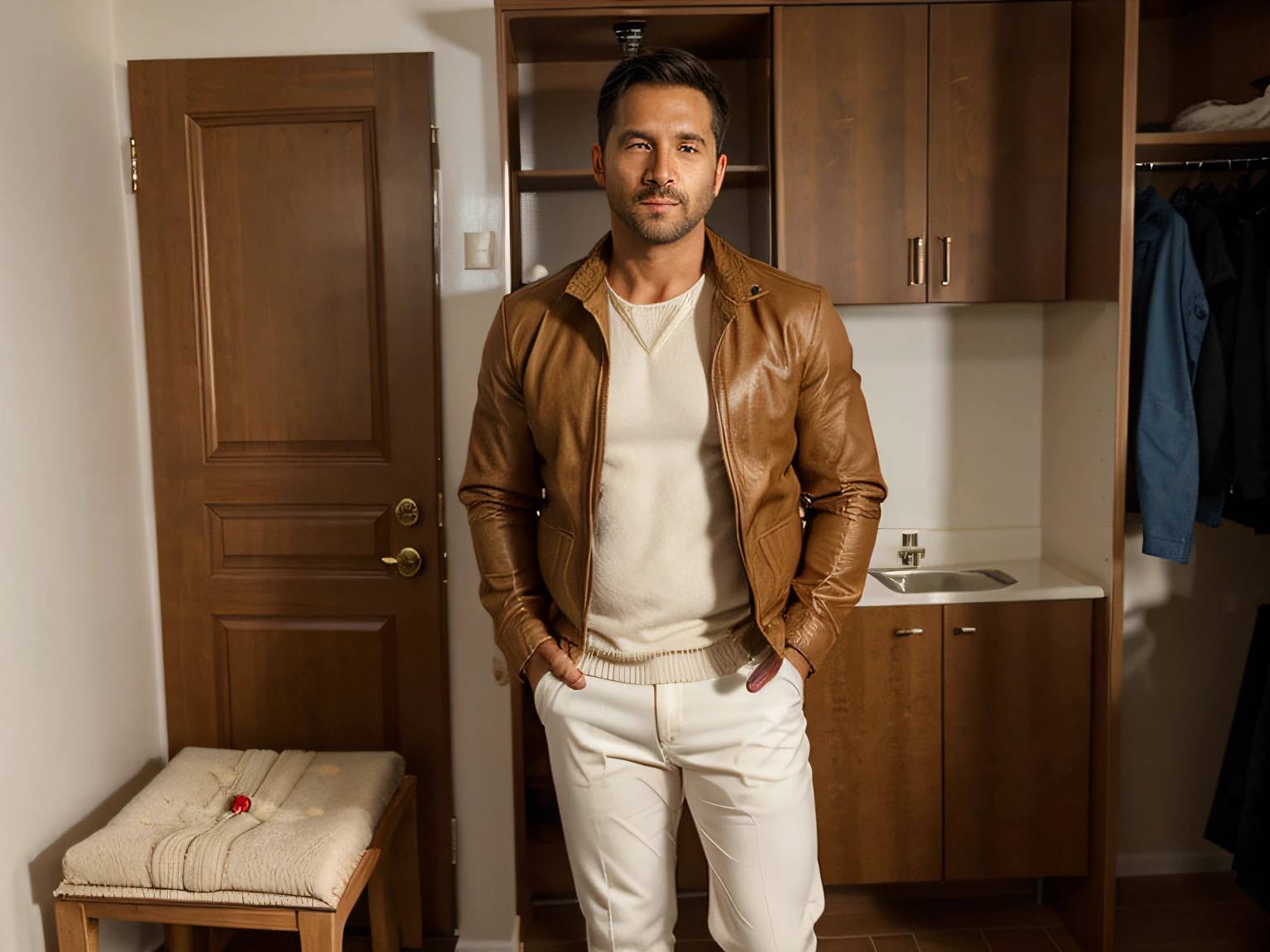 There's a man standing in a room wearing a brown jacket, en ropa blanca, cuerpo musculoso,por el negro, You are about 35 years old, usar telas blancas,  ropa blanca,