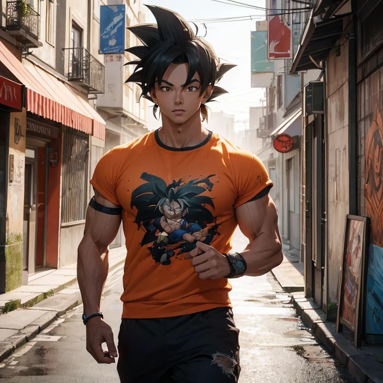 (Realistic,fotorrealista:1.37),ultra-detalhado,Detailed illustration of Goku(circunstanciado,emocional,Expressivo,feature),com roupas estilo streetwear(fashionable,Urbano,casual),Standing in a narrow alley(sombrio,corajoso,Urbano),criado com sombreamento e texturas detalhadas(linhas detalhadas,textured surfaces),cores vivas com uma mistura de tons vibrantes de arte de rua(grafity,Arte Pop,Arte Urbana),exalando uma aura de poder(poderoso,Energetic,Dynamic presence). The lighting in the scene should be dramatic and focused, com fortes contrastes entre luz e sombra (dramatic lighting,High contrast lighting). Overall image quality should be of the highest standard (best quality,4k,8k,Alto,master part:1.2), capturing every intricate detail of Faustão's face, penteado, garments, and muscular physique(tags adicionais para Goku: cabelo espetado, muscular build, confident expression, Olhos determinados). A atmosfera do beco deve refletir um ambiente Urbanoo e arenoso, with hints of a city skyline in the background.