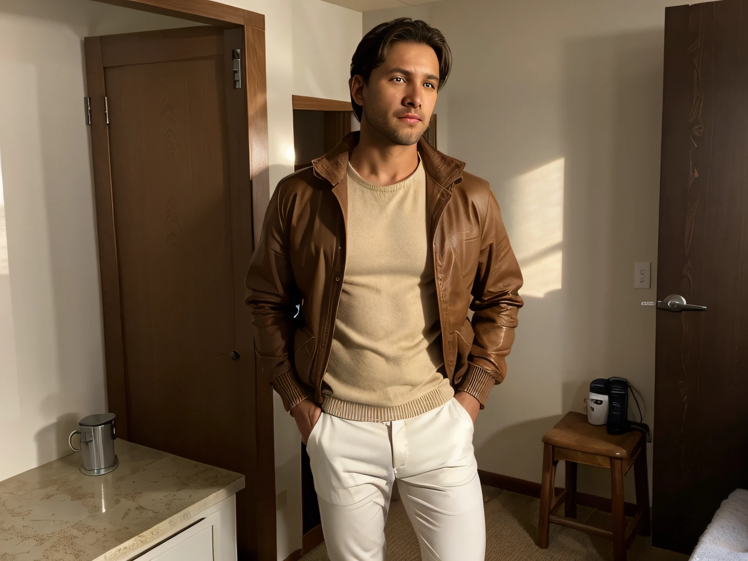 There's a man standing in a room wearing a brown jacket, en ropa blanca, cuerpo musculoso,por el negro, You are about 35 years old, usar telas blancas, ropa blanca,