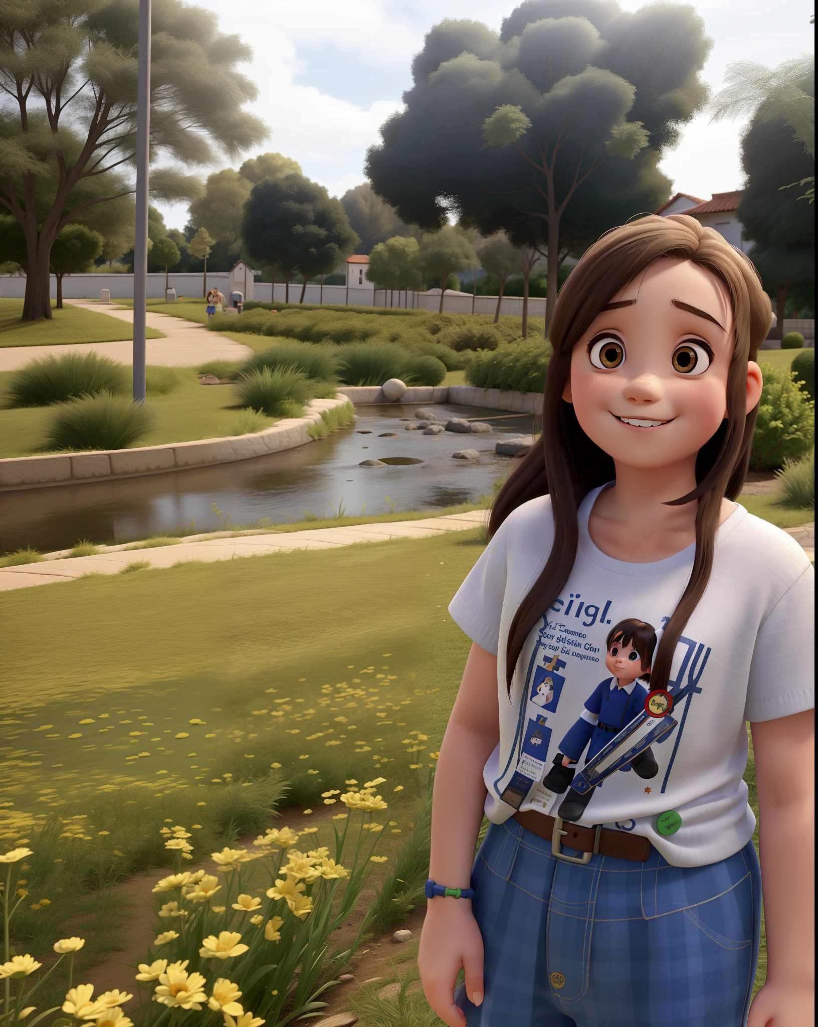 Young girl with down syndrome, Eyes with Down syndrome, sorrir, shirt with a Catholic saint named St. George, Feliz, cabelo liso, sorridente,