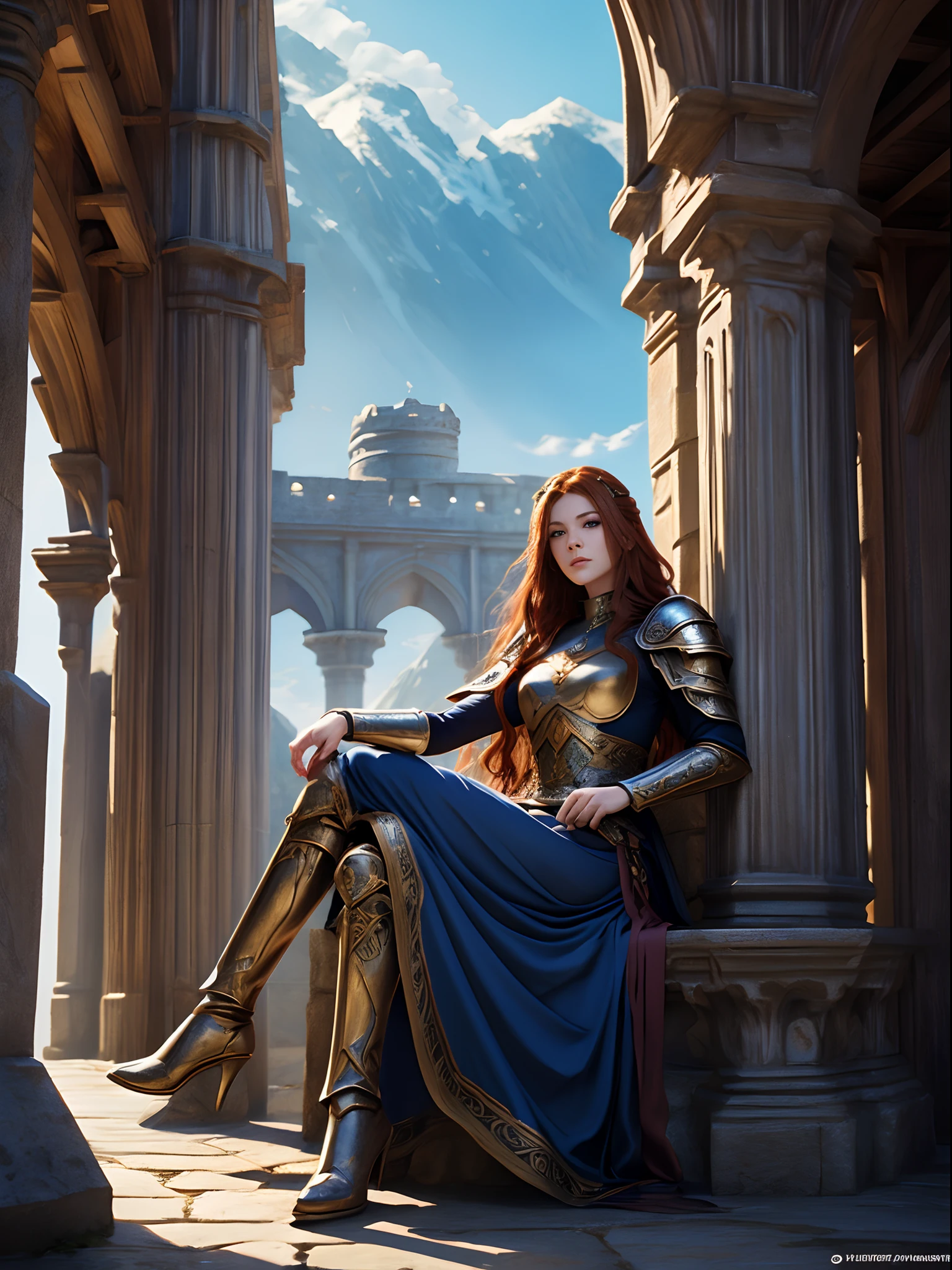 realistic photo scene 8k UHD ((ultra detailed masterpiece)), beautiful red haired and blue eyed woman in a dress sitting on a stone wall with a shield, detailed fantasy art, Stunning fantasy art, fantasy woman, Beautiful fantasy art, Amazing fantasy art, A beautiful fantasy empress, High quality fantasy art, HD fantasy art, Epic fantasy character art, Artgerm and WLOP, Fantasy female paladin, A beautiful female warrior