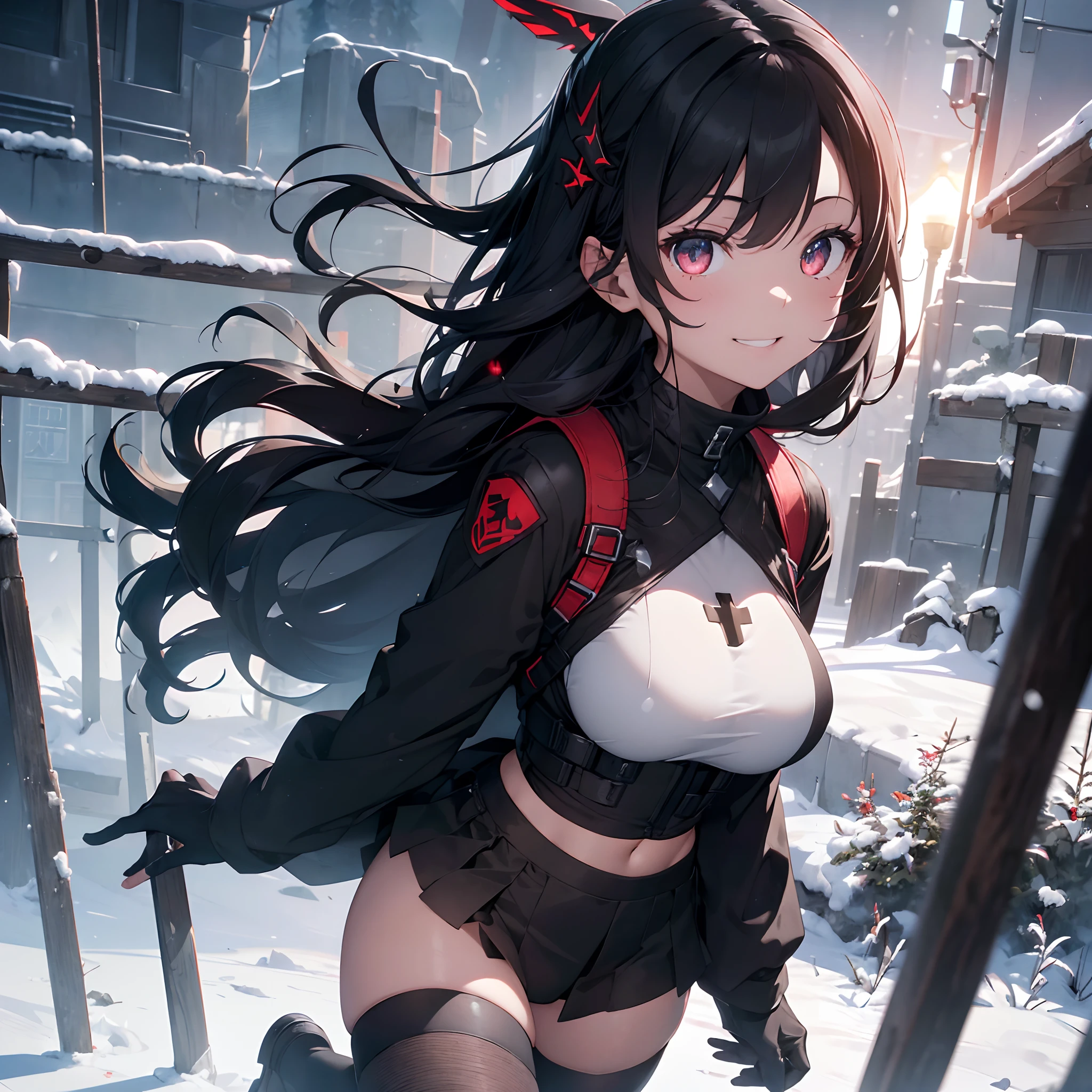 (Official art、Best Quality、Unity 8k Wallpapers、32K、masterpiece、ultra-detailliert、超A high resolution、realisitic、Photorealsitic:1.2)、(Cinematic lighting:1.2)、Fireglow effect、film grains、Best Shadows、(Ultra-detailed and complex 3D rendering)、Detailed beautiful face and eyes、Realistic pupils、Sharp pupils、A slender、a meduim bust 、a big boobs、(Full body:1.2)、side lights、 Highly detailed background、(super detailed skin、detailed skin textures:1.3)、(in a snow forest, a military compound with a futuristic gate hidden in a mountain, a dark dirt road, a military watchtower)、shinny skin、 18-year-old beauty、Beautiful smooth black hair、 bright crimson eyes、beautiful face with diagonal knife scar on right cheek、
Military Urban Girl、a black long-Sleeve Shrug and a black halter-Neck Crop Top with red outline、Tactical Half Finger Gloves、Wearing black stockings、Black Headset military、black tactical vest with urban camouflage and ammo mag、cross-shaped hair clip、with black angel wings surrounded by a dark aura and a translucent texture on its back、a black halo surrounded by a dark aura and a translucent texture above its head,,,,,,,,,,,,,,,,,,、Holding a futuristic Famas the gun barrel fixes the ground、(Happy expression on face、Self-satisfied smile:1.2)、dynamicposes