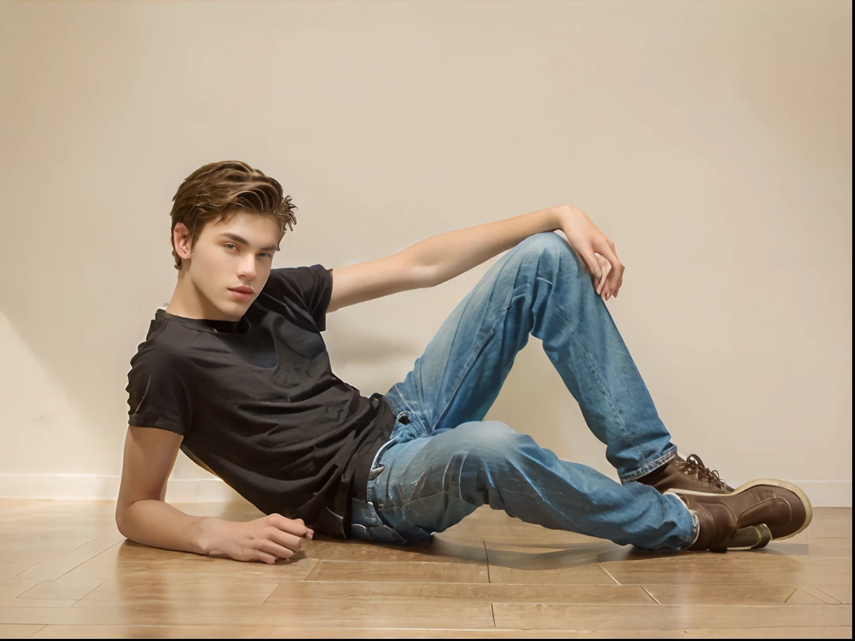 arafed young man sitting on the floor with his legs crossed, his height is 5 foot 6 inchs, male teenager, gorgeous young model, modeling photography, model posing, teen boy, teenage boy, thin young male, male model, modeling shoot, relaxed pose, with a cool pose, attractive pose, casual pose, young boy, confident relaxed pose, model pose, androgynous male, black and brown hair
