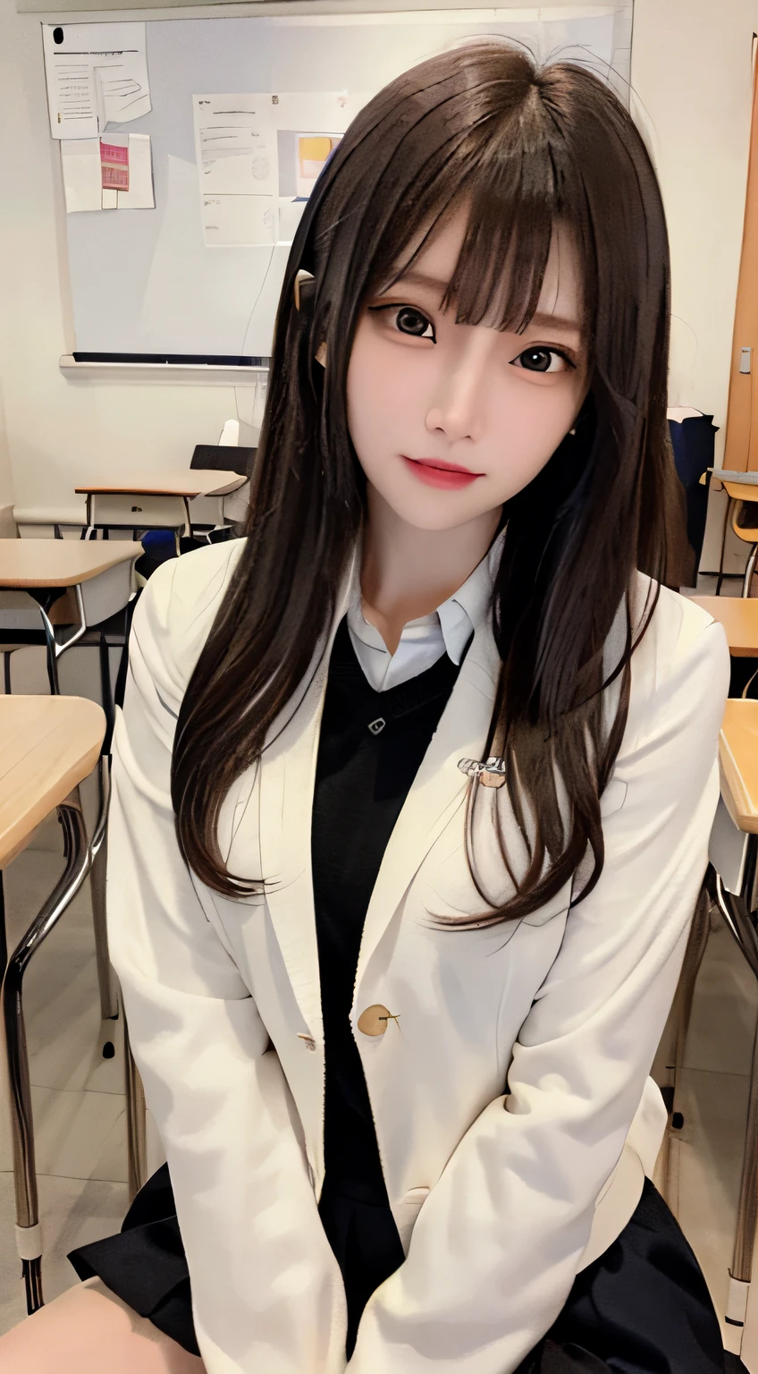 (1 cute Korean star with royal sister style), ((Best quality, 8K, 巨作: 1.3)), focal point: 1.2, Perfect body proportions: 1.4, (Make a smile),  （Ray traching）,Watery eyes, Highly Detailed Face and Skin Textur, Fine eyes, Double eyelids, Whitens the skin, (long whitr hair, Air bangs: 1.3), (face round: 1.5), (College uniforms: 1.4), (JK style:1.4),(on the rooftop,The wind blows),(white stockings)