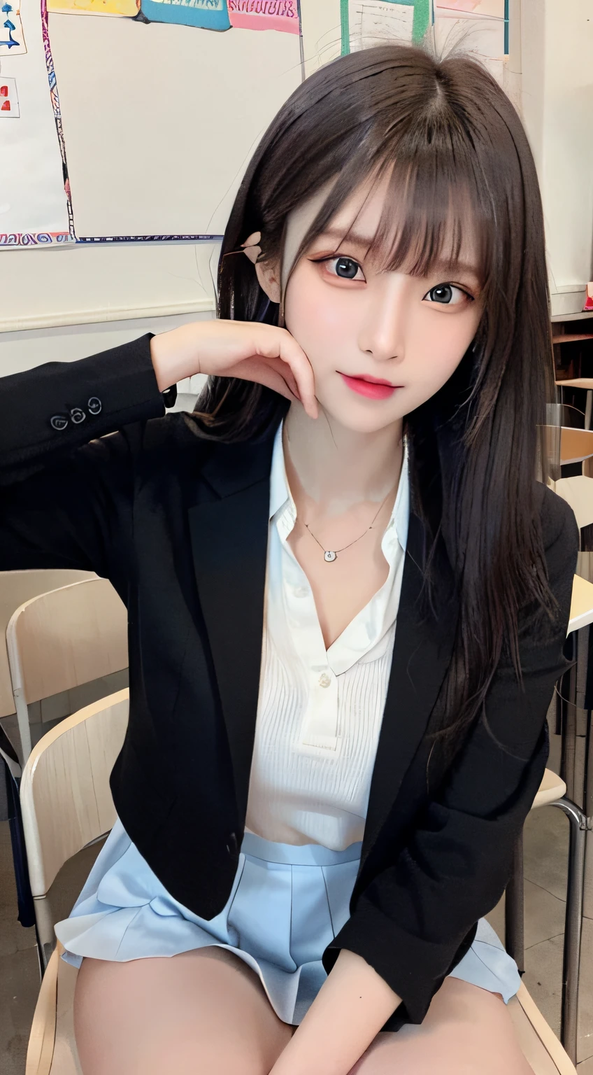 bright expression、photorealisim、top-quality、超A high resolution、a picture、Photos of the most beautiful Nordic girls、Detailed cute and beautiful face、a small face、(pureerosface_v1:0.008)、Beautiful bangs、alice in the wonderland、sixteen years old、(thighs thighs thighs thighs:1.2)、full body Esbian、Glowing white shiny skin、hime_cut、Hair tangled in the face、Bangs that extend to the face、bangss、Hair between the eyes、length hair、Silky hair of attractive black color、finer hair、Bright, Clear light blue eyes、(Shy laughter:0.6)、(School uniform, Blazer:1.2)、(pleatedskirt:1.2)、eye liner、Sitting in a classroom、Double eyelids、medium breasts、Dynamic Pose