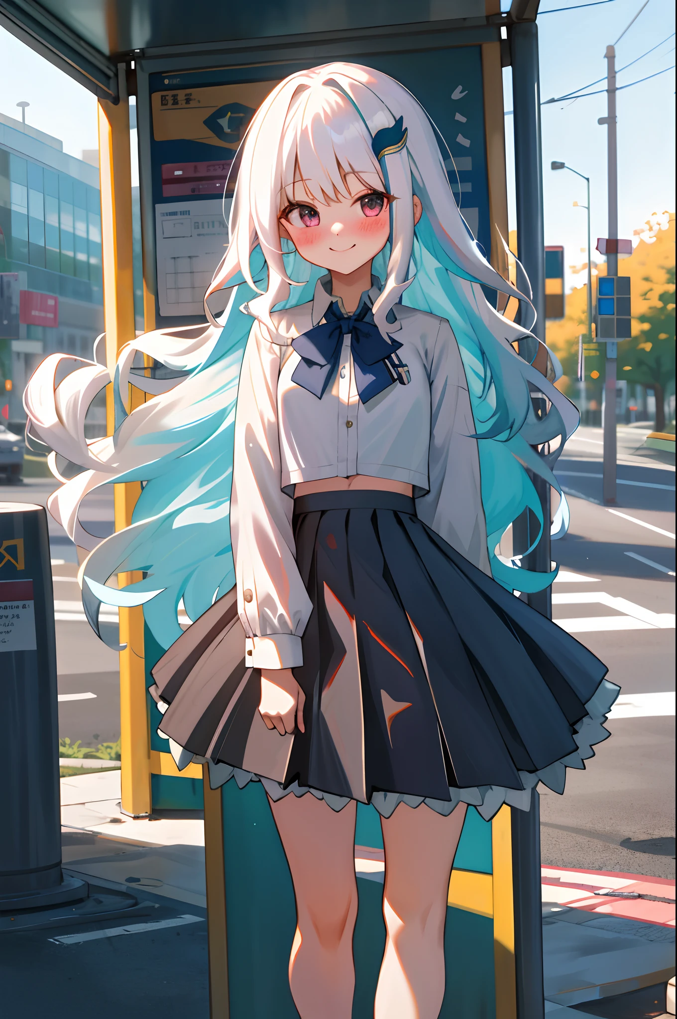 One girl with long wavy hair, white hair, looking at viewer, blushing, smile, outdoor , road, bus stop, busway, white shirts, bow tie, pleated skirt , black skirt, mini skirt, midriff, thigh, perfect waist, wide hips, noon atmosphere, hair ornament, standing, (embarrassed:1.0)