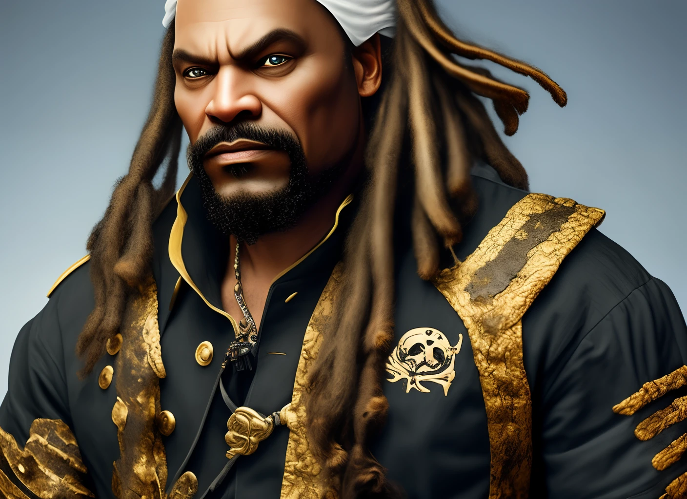 Black pirate captain with one golden eye and greying dreads