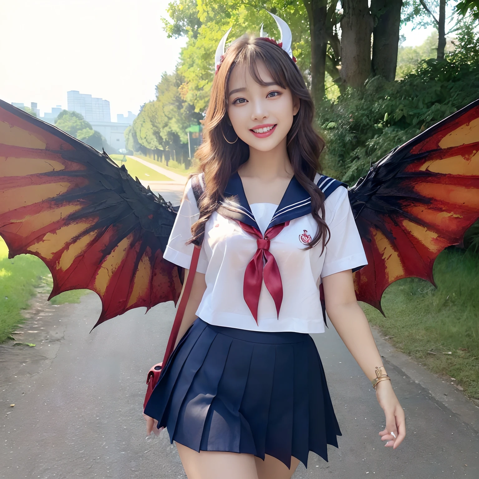 (((masutepiece、top-quality)))、((1 schoolgirl、Wearing a sailor suit、School Sailor Uniform、Perfect sailor suit、Red ribbons、Navy skirt))、((Huge and intricate demon wings,Wings with a very elaborate texture,Wings with a very complex texture,Creature wings with a very realistic texture,Wings of a terrifying monster,Terrible and ugly wings、The most terrifying wings、Big Devil's Horn,Realistic and big horns,Creepy horns,Horn with a very elaborate texture、Terrible and ugly horns、((The background is the route to school、Walking along the school route surrounded by nature、Walking on the way to school))、8K,An ultra-high picture quality,The most beautiful idol faces,Mature Face、The biggest smile staring at the camera、美丽的面容、Beautiful teeth、natural make up、Natural bright lighting、long、Emphasize body lines、Slimed
