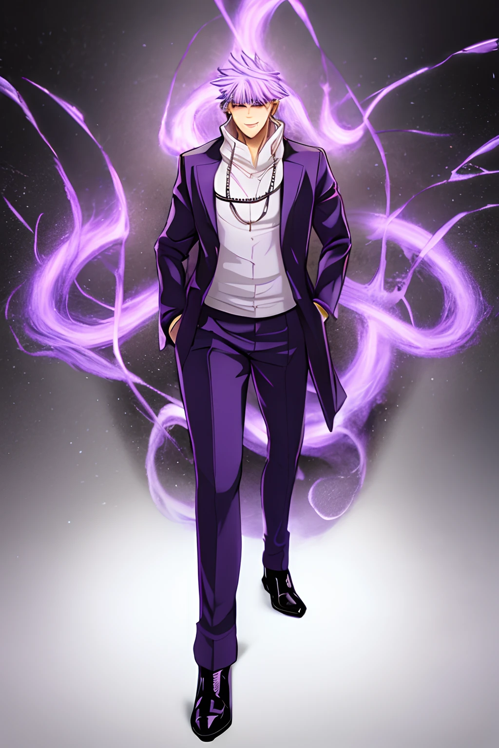 Tall man, flowing purple hair, beautiful purple sparkly eyes, standing in a cloudy world, arms outstretched, blissful, bloodshot eyes, wearing a long white duster coat, white dress shirt, purple flower on coat, white pants, white gloves, golden watch, golden rings, golden necklace, white boots, ecstatic, handsome, divine, wispy, muscular male, buff, intimidating, mighty, detailed, masterpiece, perfect, fur coat, puffy trenchcoat, chiseled face, handsome, smiling