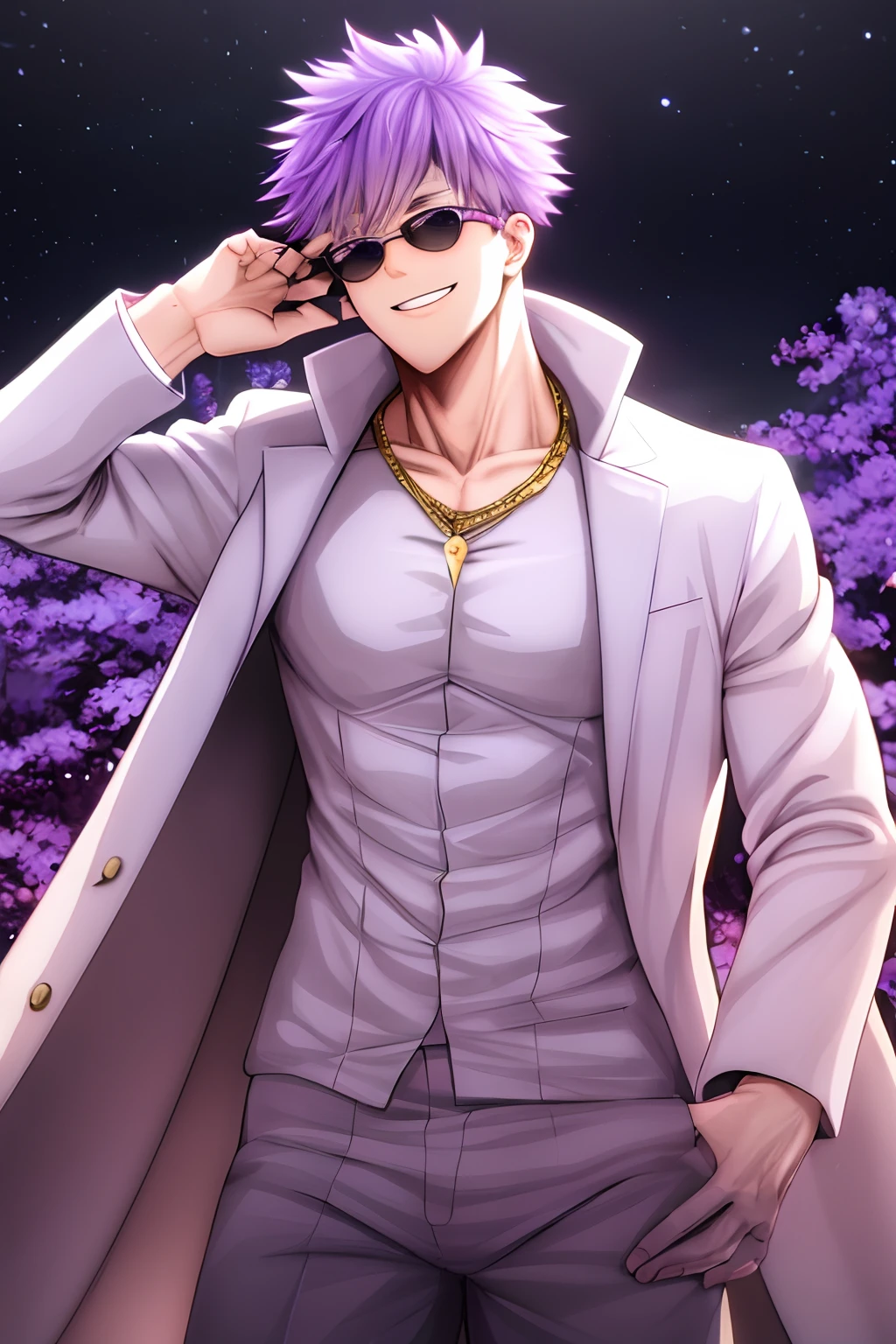 Tall man, flowing purple hair, beautiful purple sparkly eyes, standing in a cloudy world, arms outstretched, blissful, bloodshot eyes, wearing a long white duster coat, white dress shirt, purple flower on coat, white pants, white gloves, golden watch, golden rings, golden necklace, white boots, ecstatic, handsome, divine, wispy, muscular male, buff, intimidating, mighty, detailed, masterpiece, perfect, fur coat, puffy trenchcoat, chiseled face, handsome, smiling