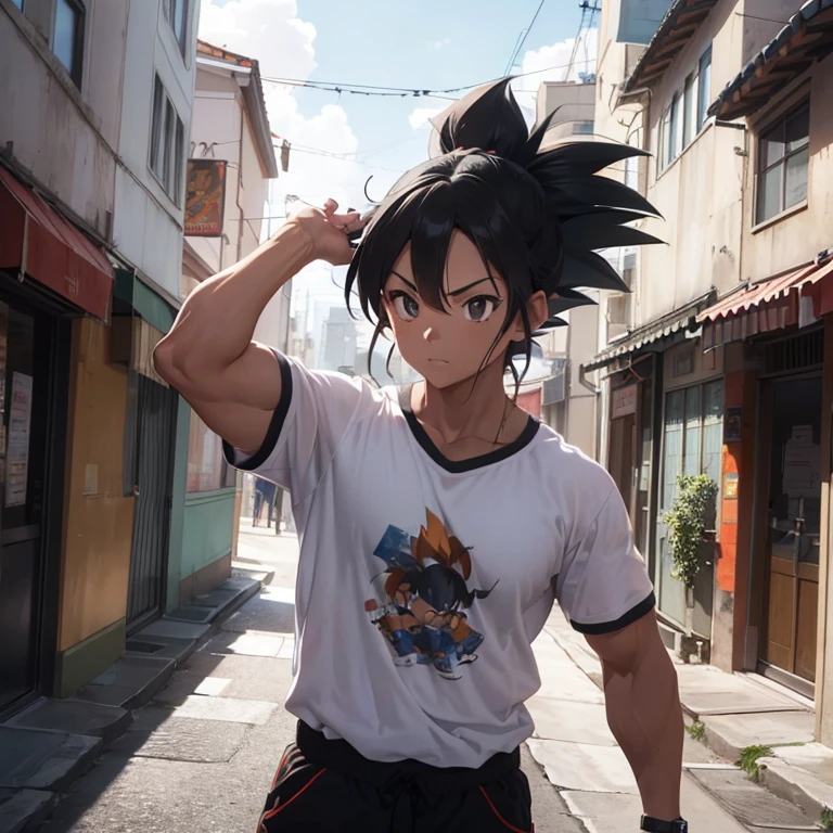 (Realistic,fotorrealista:1.37),ultra-detalhado,Detailed illustration of Goku(circunstanciado,emocional,Expressivo,feature),com roupas estilo streetwear(fashionable,Urbano,casual),Standing in a narrow alley(sombrio,corajoso,Urbano),criado com sombreamento e texturas detalhadas(linhas detalhadas,textured surfaces),cores vivas com uma mistura de tons vibrantes de arte de rua(grafity,Arte Pop,Arte Urbana),exalando uma aura de poder(poderoso,Energetic,Dynamic presence). The lighting in the scene should be dramatic and focused, com fortes contrastes entre luz e sombra (dramatic lighting,High contrast lighting). Overall image quality should be of the highest standard (best quality,4k,8k,Alto,master part:1.2), capturing every intricate detail of Faustão's face, penteado, garments, and muscular physique(tags adicionais para Goku: cabelo espetado, muscular build, confident expression, Olhos determinados). A atmosfera do beco deve refletir um ambiente Urbanoo e arenoso, with hints of a city skyline in the background.