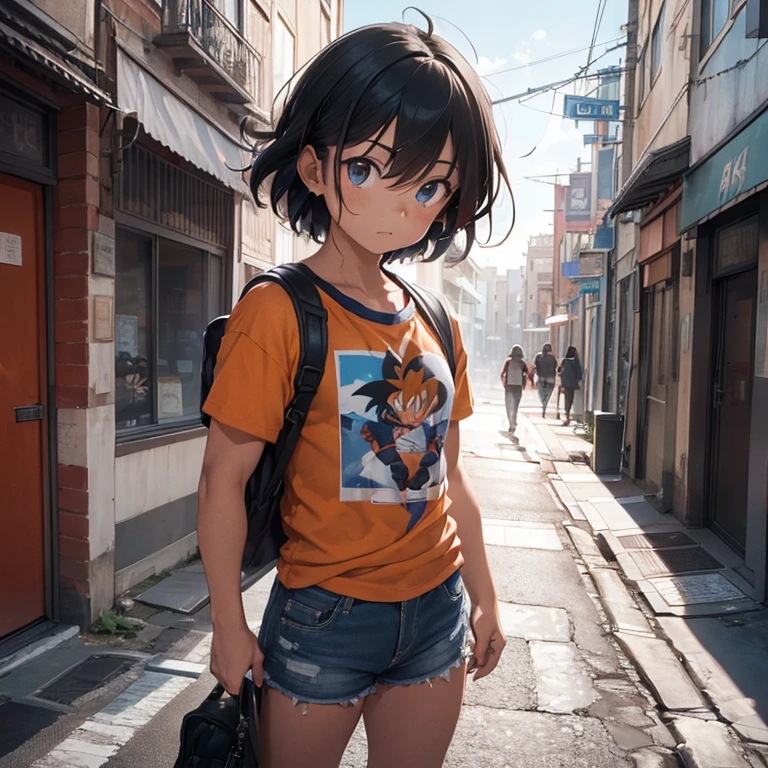 (Realistic,fotorrealista:1.37),ultra-detalhado,Detailed illustration of Goku(circunstanciado,emocional,Expressivo,feature),com roupas estilo streetwear(fashionable,Urbano,casual),Standing in a narrow alley(sombrio,corajoso,Urbano),criado com sombreamento e texturas detalhadas(linhas detalhadas,textured surfaces),cores vivas com uma mistura de tons vibrantes de arte de rua(grafity,Arte Pop,Arte Urbana),exalando uma aura de poder(poderoso,Energetic,Dynamic presence). The lighting in the scene should be dramatic and focused, com fortes contrastes entre luz e sombra (dramatic lighting,High contrast lighting). Overall image quality should be of the highest standard (best quality,4k,8k,Alto,master part:1.2), capturing every intricate detail of Faustão's face, penteado, garments, and muscular physique(tags adicionais para Goku: cabelo espetado, muscular build, confident expression, Olhos determinados). A atmosfera do beco deve refletir um ambiente Urbanoo e arenoso, with hints of a city skyline in the background.