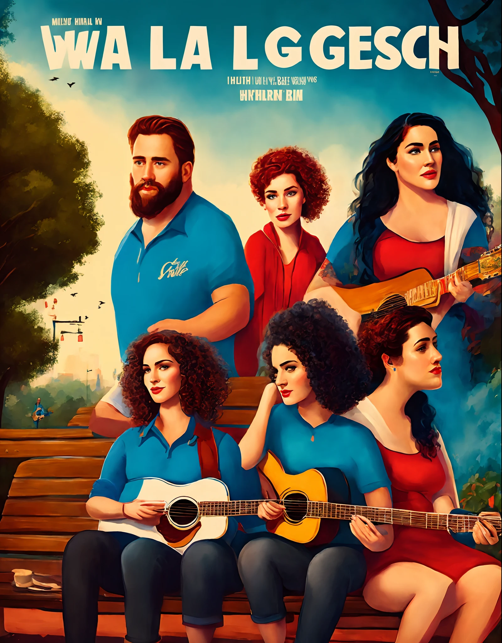 a Pixar styled movie poster of a tall white man with an average build, short curly red hair, blue eyes and a beard, playing guitar on a bench in the park with and a plus size Mexican girl with pale skin and straight black hair and blue eyes