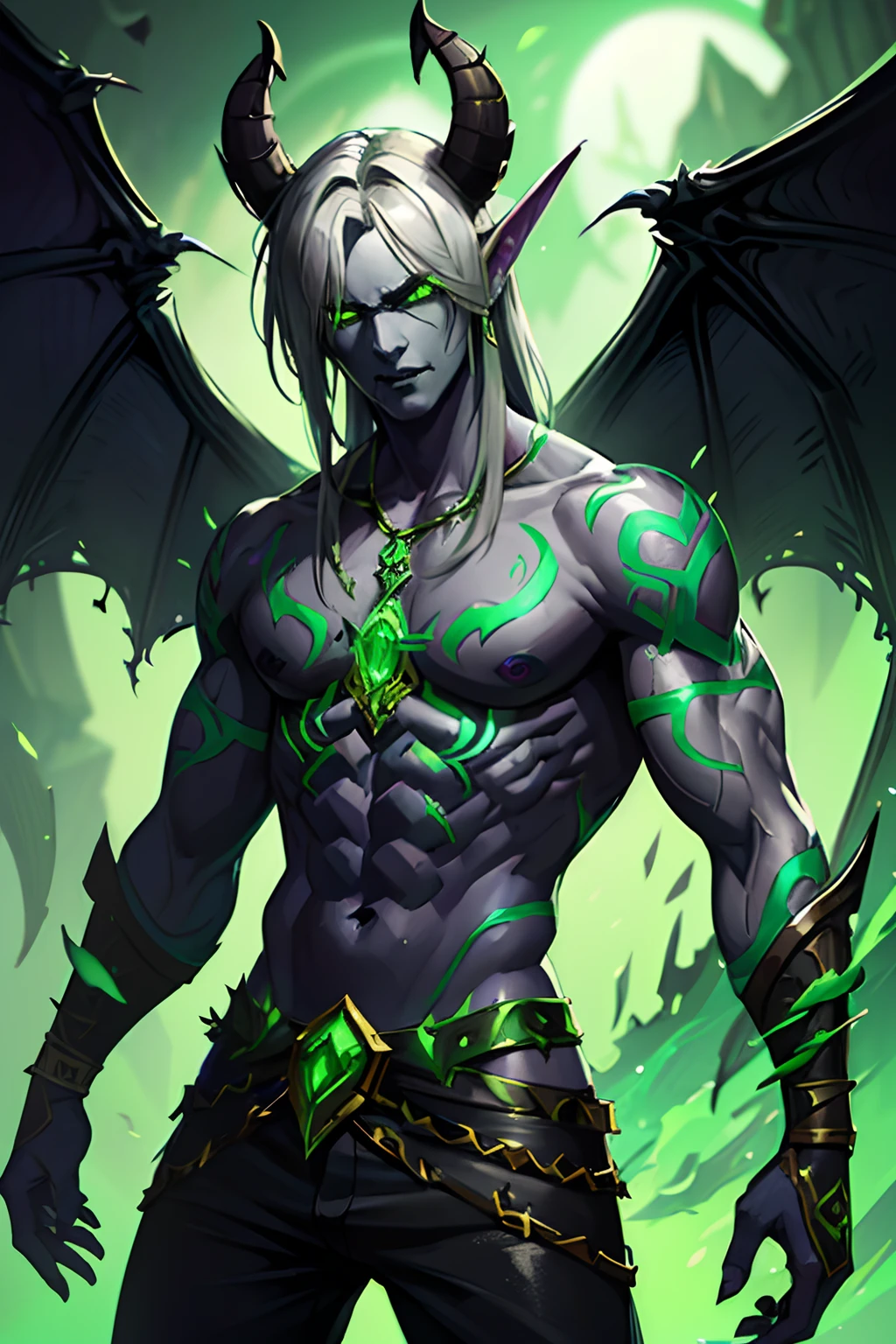 (best quality,highres),male illidari with grey skin,green hellish runes and eyes,(warcraft style,fantasy style:1.1),sexy body,(lewd:1.1),black pants,green flames in background