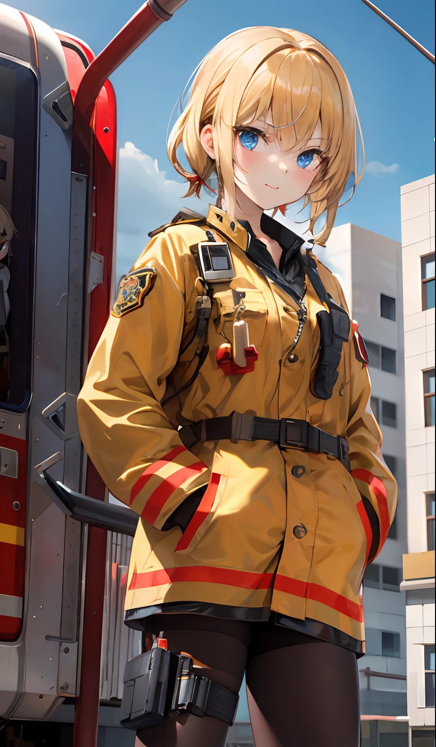 firefighter, Realistic, 4K picture quality, Cinematic,{ girl}, a blond,Nervous girl, Cool system, Charismatic,Provocative