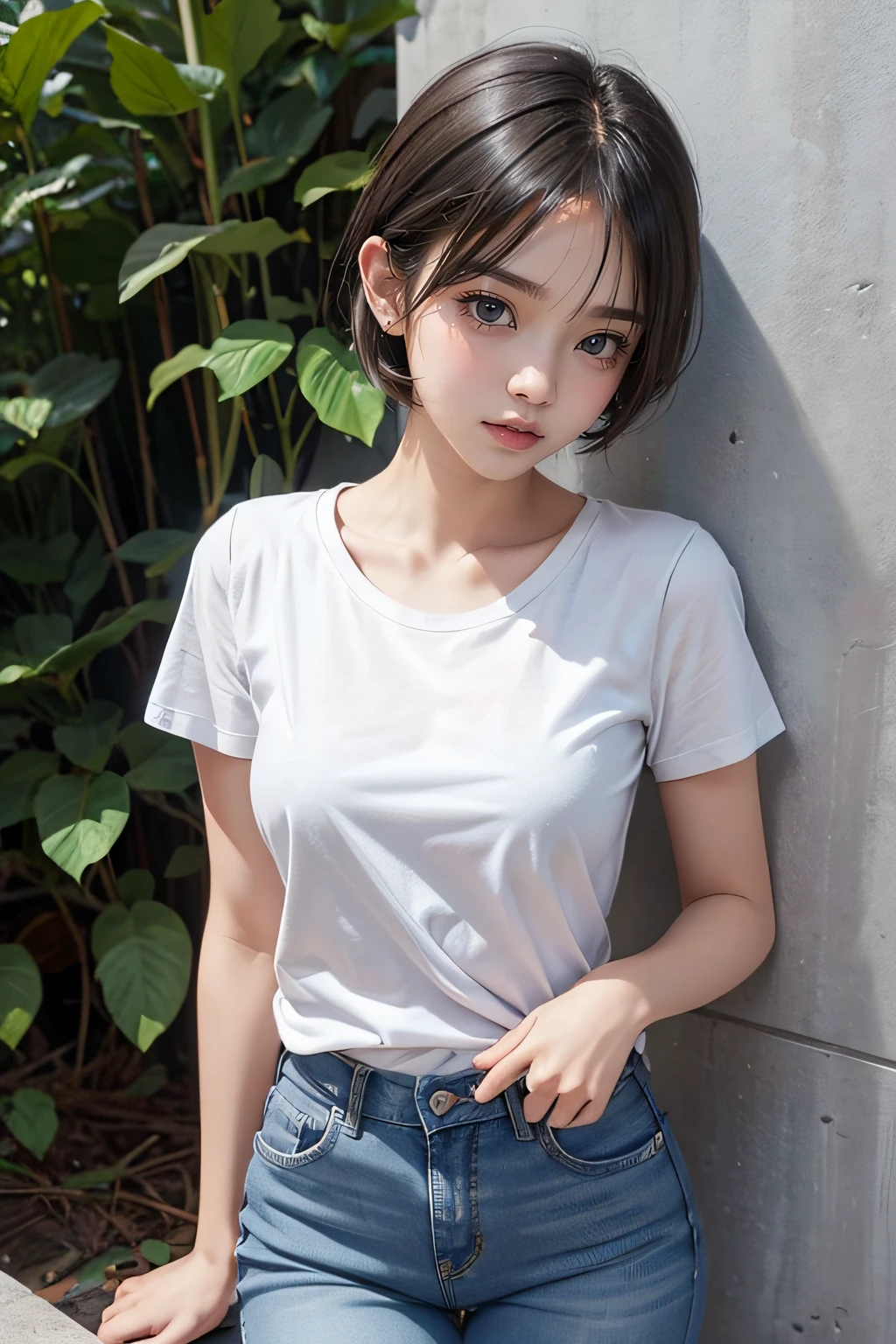 Cute *********** s , Short Cut , Blue skinny jeans , white t-shirt , Eye makeup , Asian , nsfw