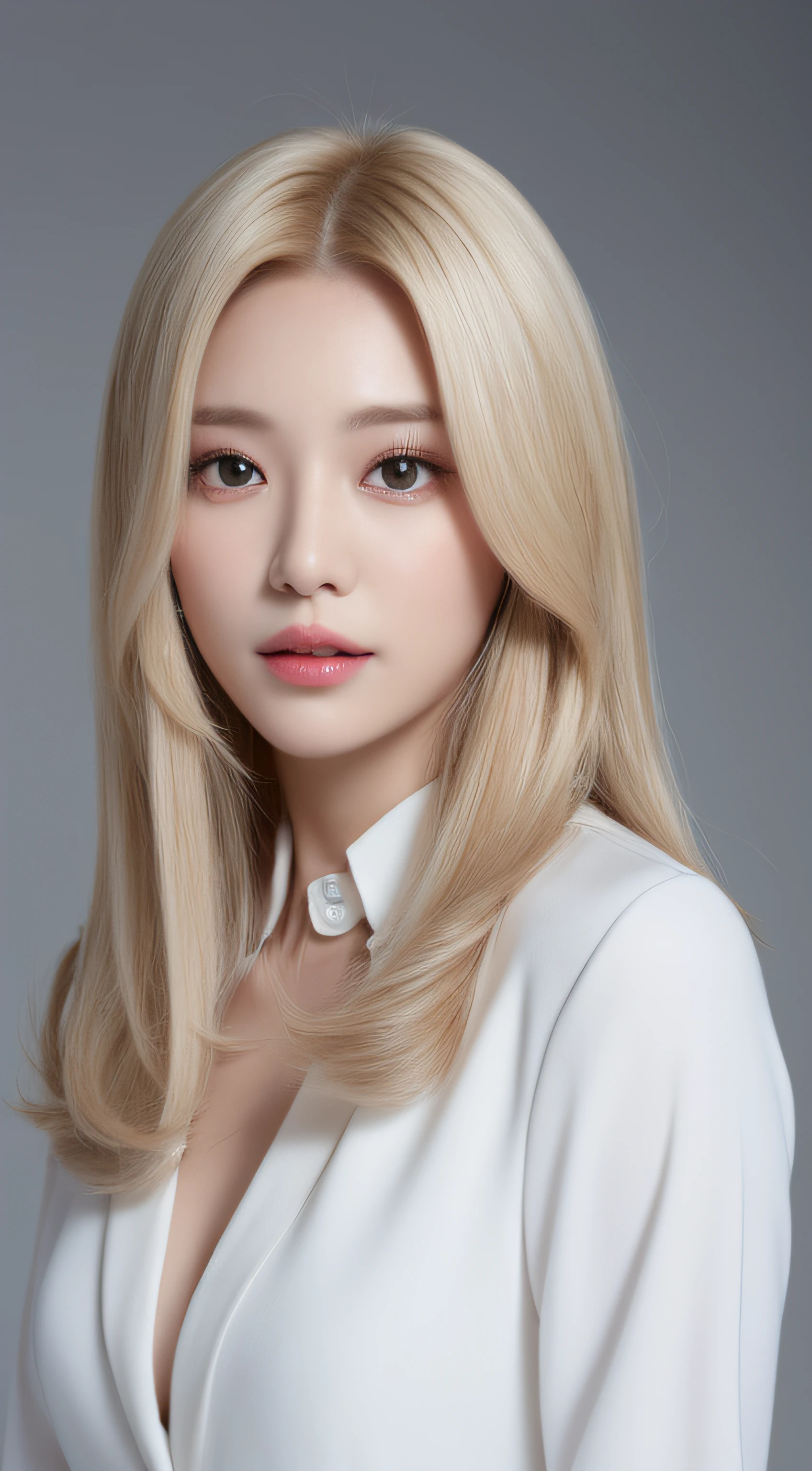 ((Realistic lighting、top-quality、8K、masterpiece:1.3))、Clear focus:1.2、1girl in、flawless beauty:1.4、slim((blonde hair))、Neat and clean clothing、One-piece clothes、Superfine Face、Narrow-eyed、二重まぶた、lighting like a movie、photos realistic、28 year old、Straight hair、Face like a K-pop idol、white backgrounid、Gray background、Mature Woman、Classy makeup、Light hair color Blonde、Angle of pull、