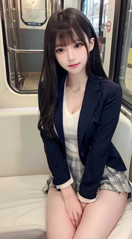bright expression、photorealisim、top-quality、超A high resolution、a picture、Photos of the most beautiful Nordic girls、Detailed cute and beautiful face、a small face、(pureerosface_v1:0.008)、Beautiful bangs、alice in the wonderland、、(thighs thighs thighs thighs:1.2)、full body Esbian、profetional lighting、Detailed skin、hime_cut、Hair tangled in the face、Bangs that extend to the face、bangss、Hair between the eyes、length hair、Silky hair of attractive black color、finer hair、 clear light blue eyes、(Shy laughter:0.6)、(School uniform, Navy Blazer:1.2)、(Plaid pleated skirt:1.2)、natural make up、Riding a train、Double eyelids、medium breasts、Dynamic Pose