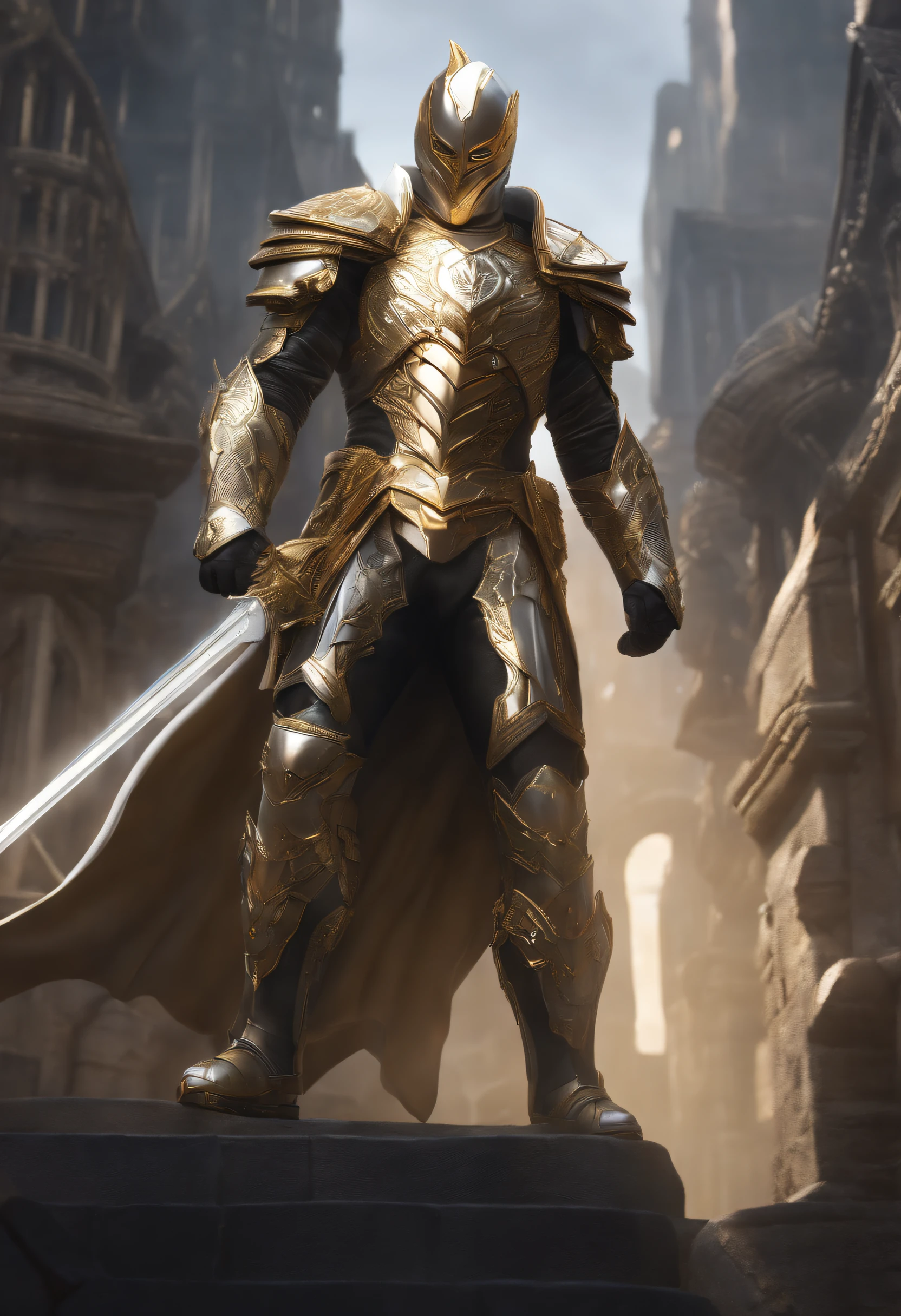 A superhero, man, dressed mainly in white, secondary colors of silver, golden and black, in fantasy city, highly detailed, digital art, looking at viewer, artstation style, intrincate details, heavy armor, magic sword