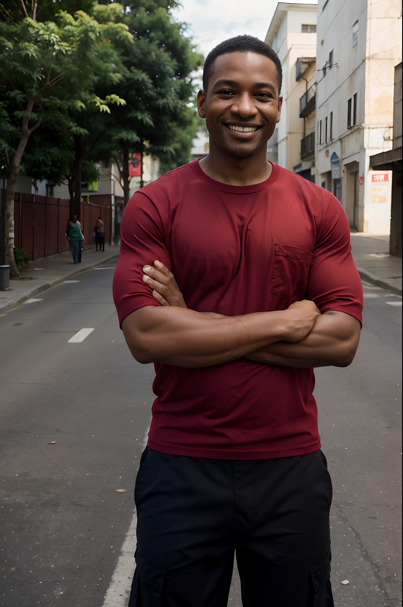 Brazilian black Man, 45 years old, 75 kilos (Smiling and with crossed arms), (wearing a long red shirt and black cargo pants). standing at the street, the background of the image is slightly blurred