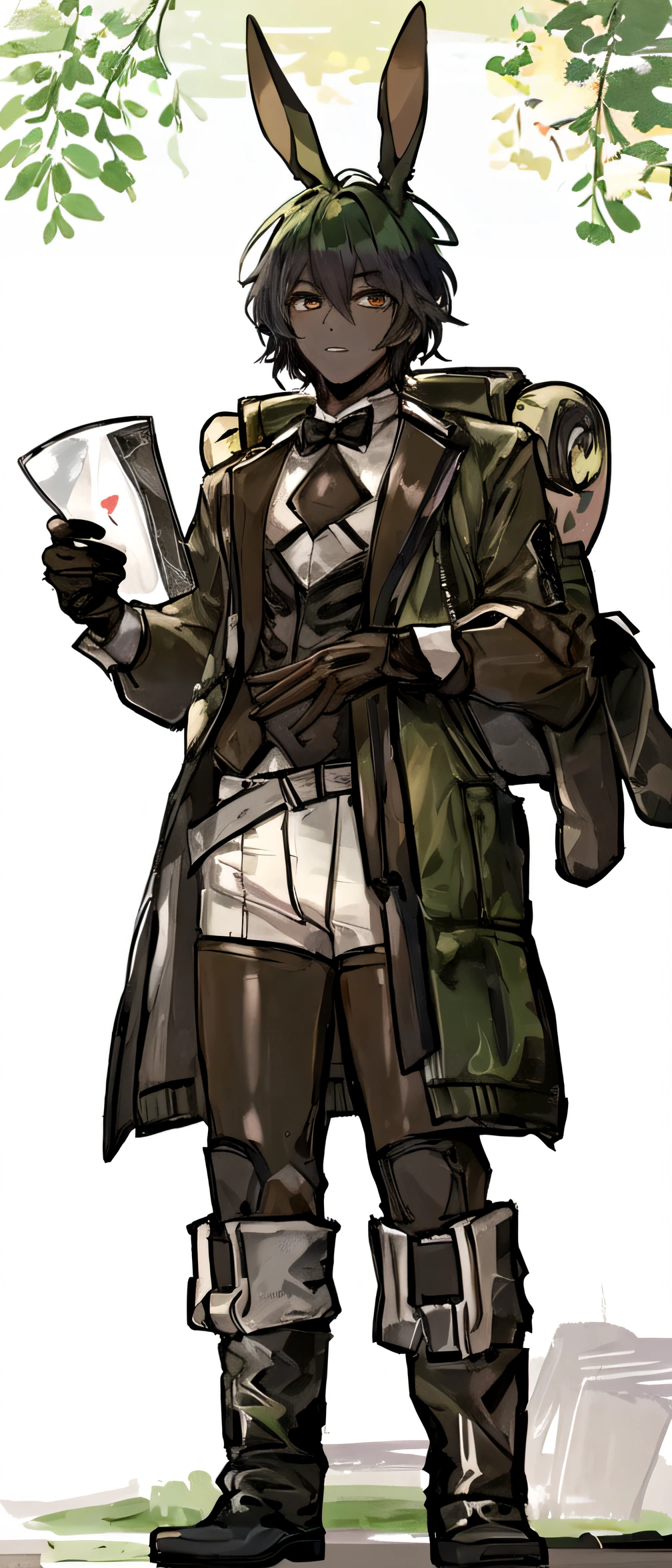 a drawing of a man in a green coat and a hat holding a book, rpg portrait full body, fullbody rpg portrait, full body dnd character portrait, as a dnd character, male artificer, portrait of an adventurer, dnd style full body portrait, rpg character, dnd character, viera final fantasy, rabbit ears